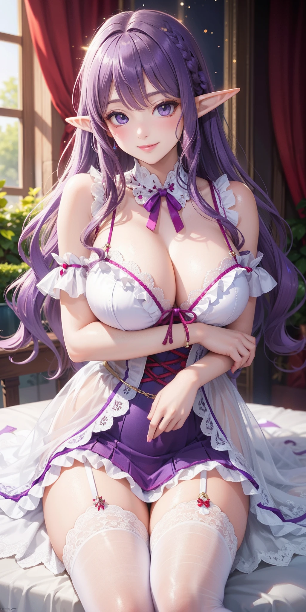 big breasts ((1beautiful elf)) ((purple wavy hair)) Chest shot, extremely sexy body, dress and light red lace and ruffles, Incredibly beautiful, white colors, wear beautiful white lace stockings, Sparkling water reflections, Elsa Burda , mixed reality and fantasy elements, delicate line art, shy smile