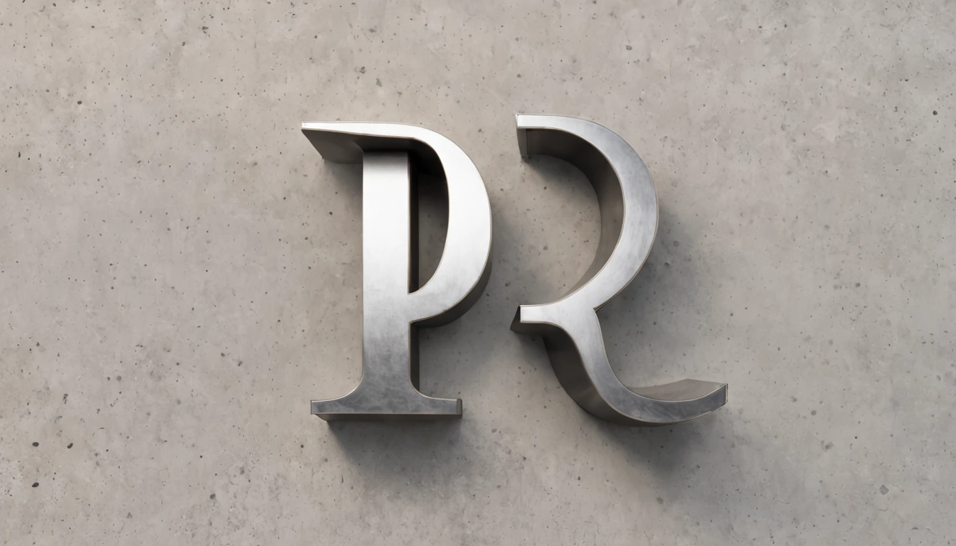 realistic front view of a concrete wall with a big modern letter P made by shinning steel, with shadow above the letter P