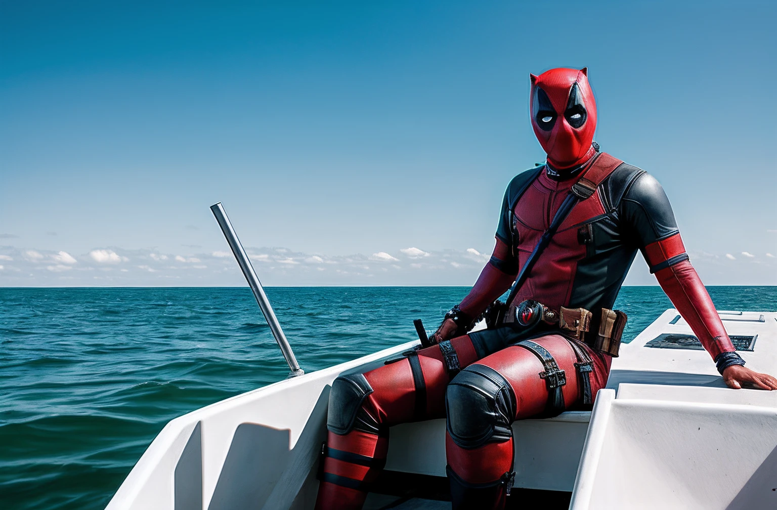 Dead pool, full body, on a boat, canon 50mm, realistic, concept art, 4k