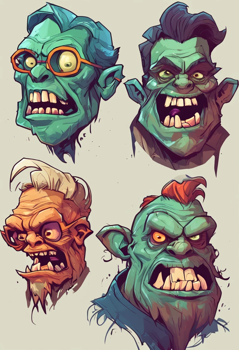 Four different cartoon zombie heads with different expressions, 2 d low polygon art, design de personagem monstro, concept art design illustration, 2d illustration, 2d illustration, character illustrations, estilo de arte sinistro e sombrio, 2d digital illustration, arte goblin, fantasia estilo de arte hearthstone, 2d matte illustration, Retrato de um esqueleto hipster, estilo de arte de jogo de fantasia