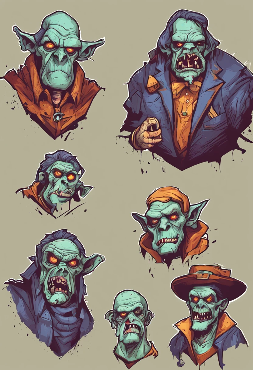 Four different cartoon zombie heads with different expressions, 2 d low polygon art, design de personagem monstro, concept art design illustration, 2d illustration, 2d illustration, character illustrations, estilo de arte sinistro e sombrio, 2d digital illustration, arte goblin, fantasia estilo de arte hearthstone, 2d matte illustration, Retrato de um esqueleto hipster, estilo de arte de jogo de fantasia