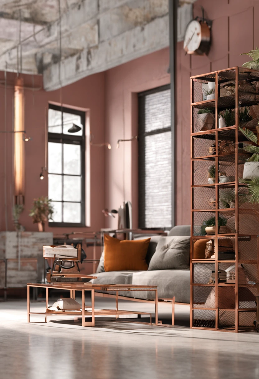 projeto, estante industrial 3 bases em metalon dois metalon juntos de um lado, em metalon 20x20 rose gold, com 7 prateleiras mdf branco 25mm