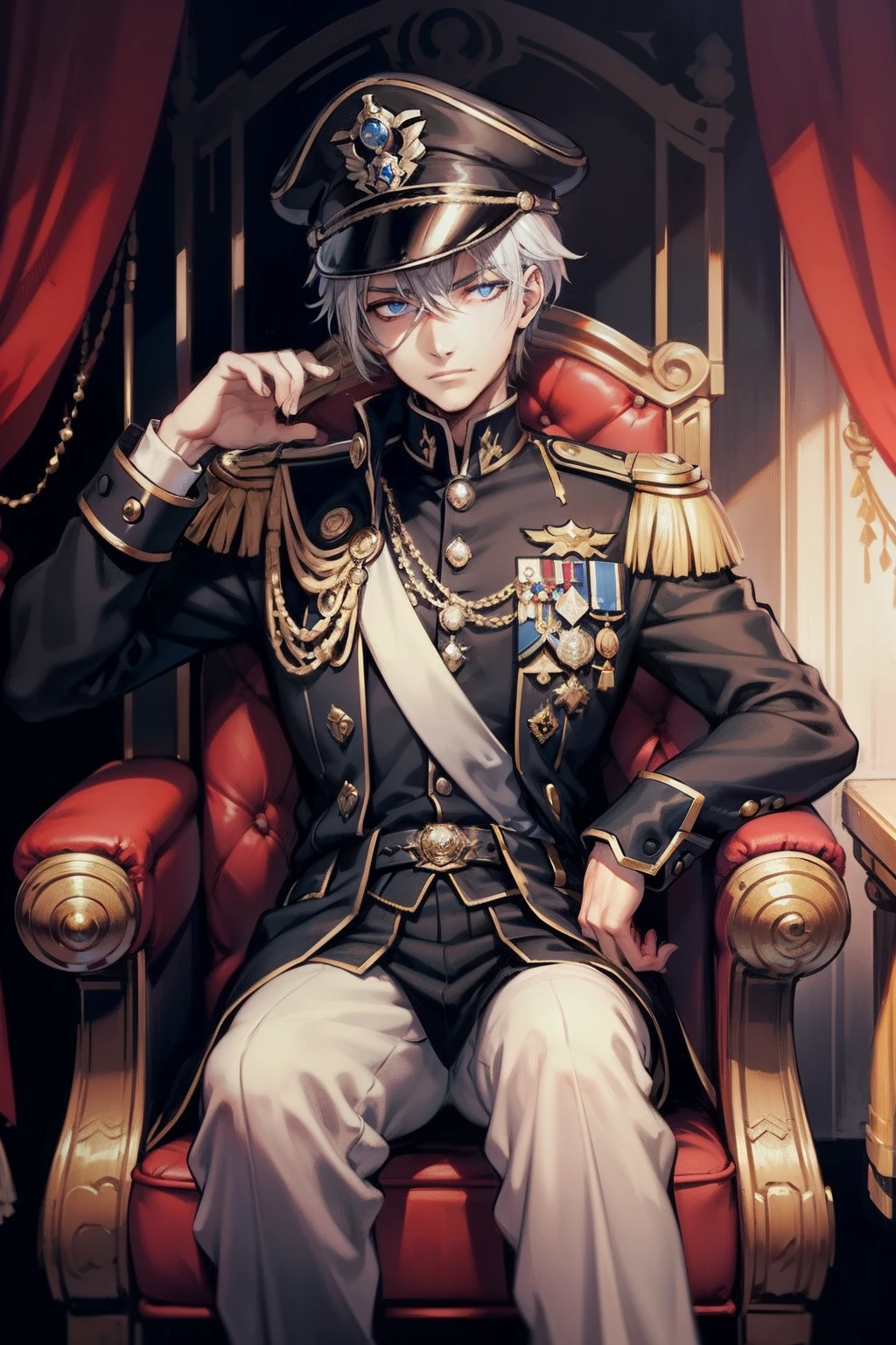 1 man, kurzes schwarzes haar, rote pupillen, gut aussehend, ohrringe, schmuck, Sits on a great throne, blasse haut, narbe im gesicht, Black high-level military uniform with gold and silver accessory, Peaked cap, royal, herrscher, Dark Amtosphere, erhabener blick, selbstbewusst, gekreuzte beine, elegant, full entire body, ultra details, viele details, hight resolution, perfekte proportionen, scharfer blick, seidenes haar, thronsaal, marmor, elegante pose, Beautiful  eyes,