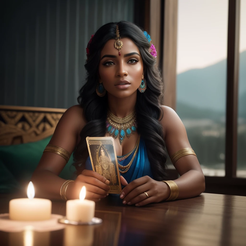 Create the dramatic lighting image of a gypsy woman, muito linda, sexy, sensual com dedos extremamente perfeitos, Perfect hands holding multiple tarot cards at age 30, pele muito branca, odalisca  e cabelos longos negros, Arrangement in shiny metal and colored crown-shaped stones on the Indian head with a colorful silk scarf on its head Colorful and bright gypsy costume with various colored ribbons , as a backdrop a scenario of mystery and magic with a lot of mysticism with several lit candles, digital art trending on Artstation 8k HD high definition detailed realistic, circunstanciado, textura da pele, hiper detalhado, textura de pele realista, armadura, melhor qualidade, ultra high-resolution, (fotorrealista:1.4), high resolution, circunstanciado, Foto RAW, sharp re, by Lee Jeffries Nikon D850 film Stock Photography 4 Kodak Portra 400 camera F1.6 lens rich colors hyper realistic lifelike texture dramatic lighting unrealengine trending on artstation cinestill 800,
