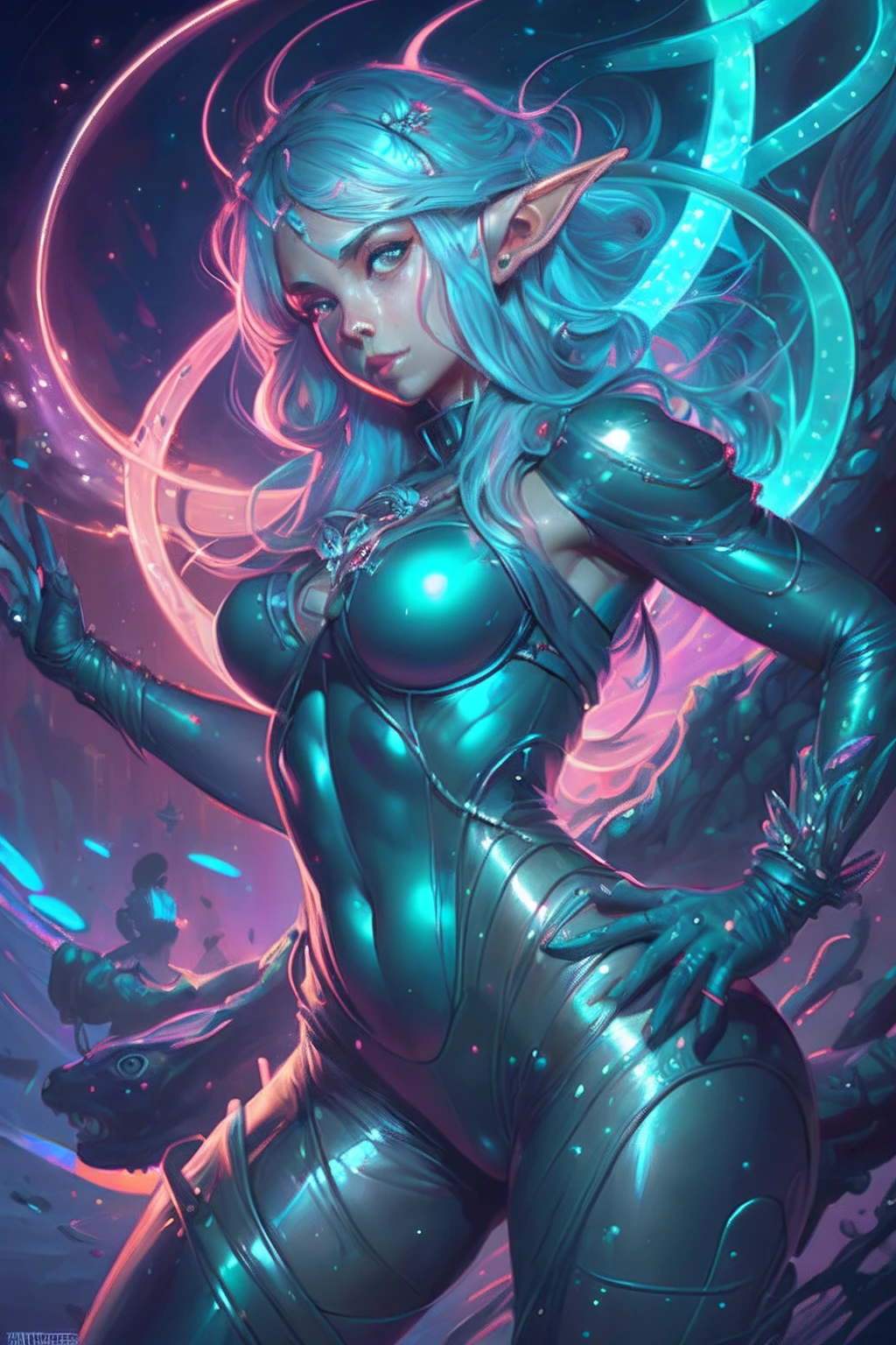 Amazing anatomy, (beautiful female Elf Biopunk), slender body, shiny skintight organic bodysuit, (shiny skin), cowboy shot, (dynamic pose), biopunk city background, (slimy, organic, glistening, ((bioluminescence)), (64k ultra hd:1.1), (art by apterus, art by dan mumford, art by lovecraft:1.2), best quality, cgsociety, trending on ArtStation.