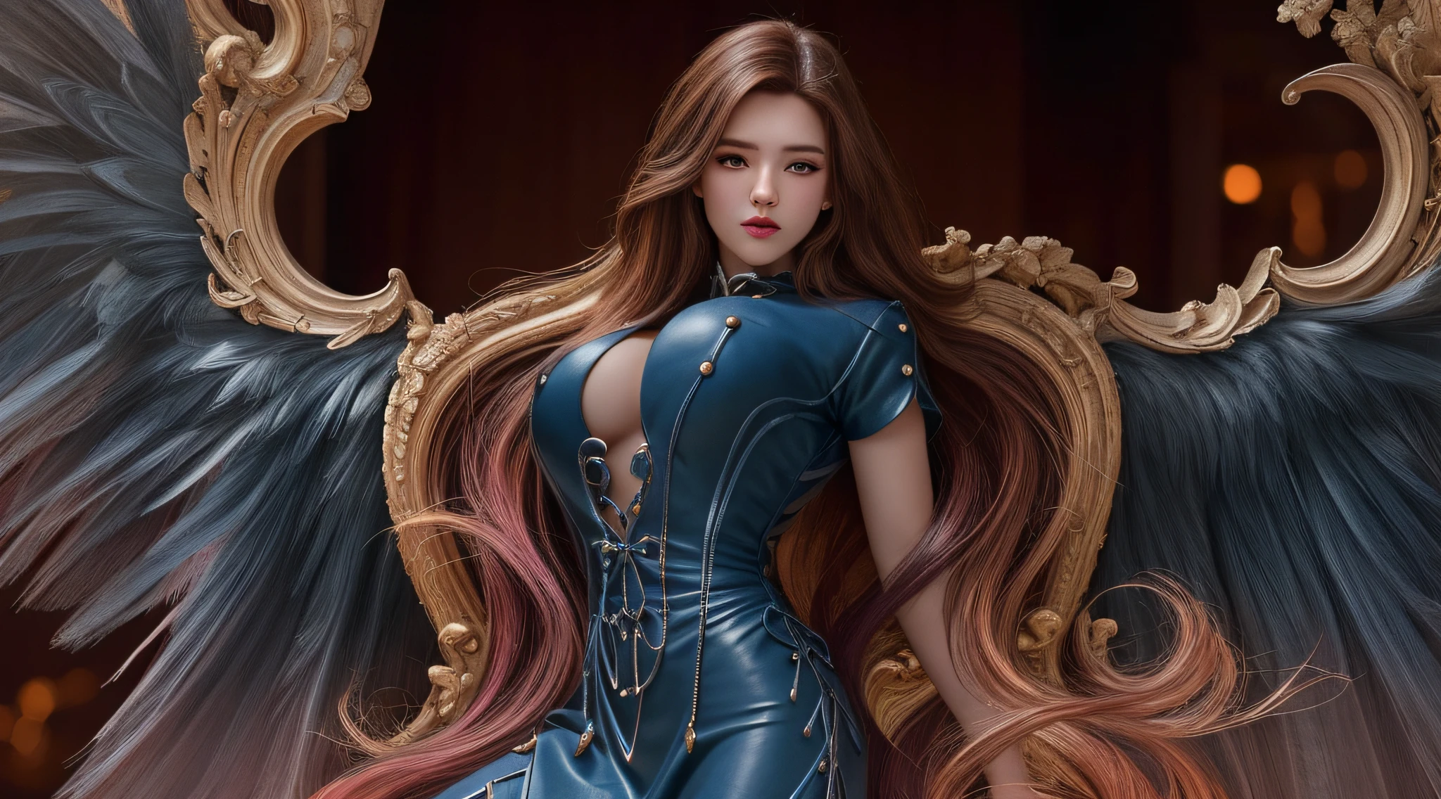 (hyperrealistic), (illustration), (high resolution), (8K), (extremely detailed), (best illustration), (beautiful detailed eyes), (best quality), (ultra-detailed), (masterpiece), (wallpaper), (photorealistic), (natural light), (rim lighting), (detailed face), (high detailed realistic skin texture), (anatomically correct), (solo), (1 girl), (high detailed realistic hair), (caramel hair:1.2), (heterochromic eyes), (detailed purple eyes), (small moles under the eyes), (realistic big breasts:1.5), (exposed nipple breasts:1.3), (long legs), (slender abs), (dynamic pose), (closed mouth:1.3), nsfw,