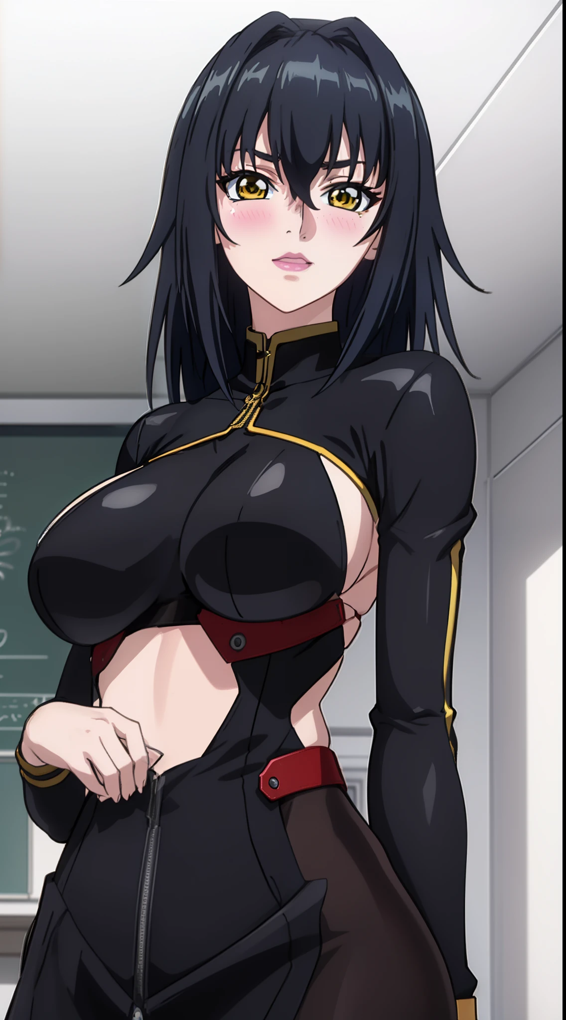 (plain white background), professional artwork, Intricate Details, field of view, sharp focus, detailed painting, photorealistic lighting, trending on pixiv, Standing at attention, black outfit ,yellow collared shirt,black and red bodysuit,skin_tight,black legwear, black pantyhose, Side_boob, black hair,very long hair, Bangs,yellow eyes,makeup, lipstick, 20yo,mature female,Beautiful Finger,Beautiful long legs,Beautiful body,Beautiful Nose,Beautiful character design, perfect eyes detail, perfect face, looking at viewer,official art,extremely detailed CG unity 8k wallpaper, perfect lighting,Colorful, Bright_Front_face_Lighting, (masterpiece:1.0),(best_quality:1.0), ultra high res,ultra-detailed, hyperdetailed, photography, 8K, HDR, highres, absurdres:1.2, Kodak portra 400, film grain, blurry background, bokeh:1.2, lens flare, (vibrant_color:1.2) (Beautiful,large_Breasts:1.4), (beautiful_face:1.5),(narrow_waist), (solo:1.4), ((upper body, half body shot:1.4)), annerose:1, classroom, (blushing, shy, pretty, tsundere:1), looking at viewer,