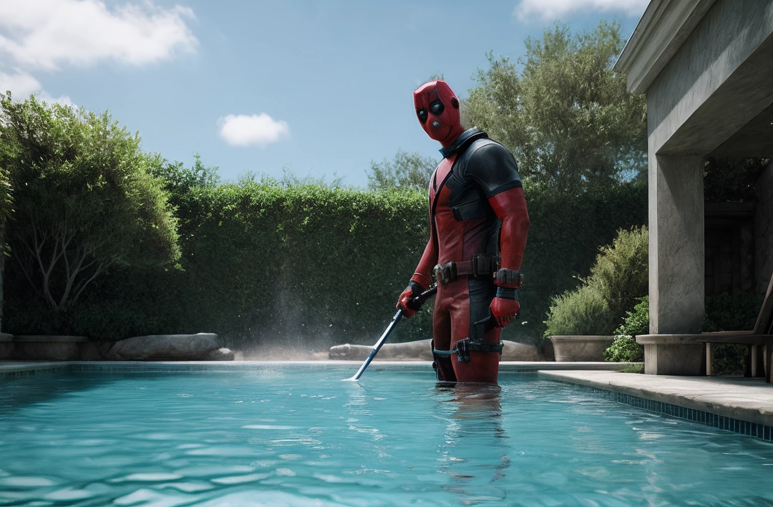 Dead pool, in a pool, realistic, concept art, 4k