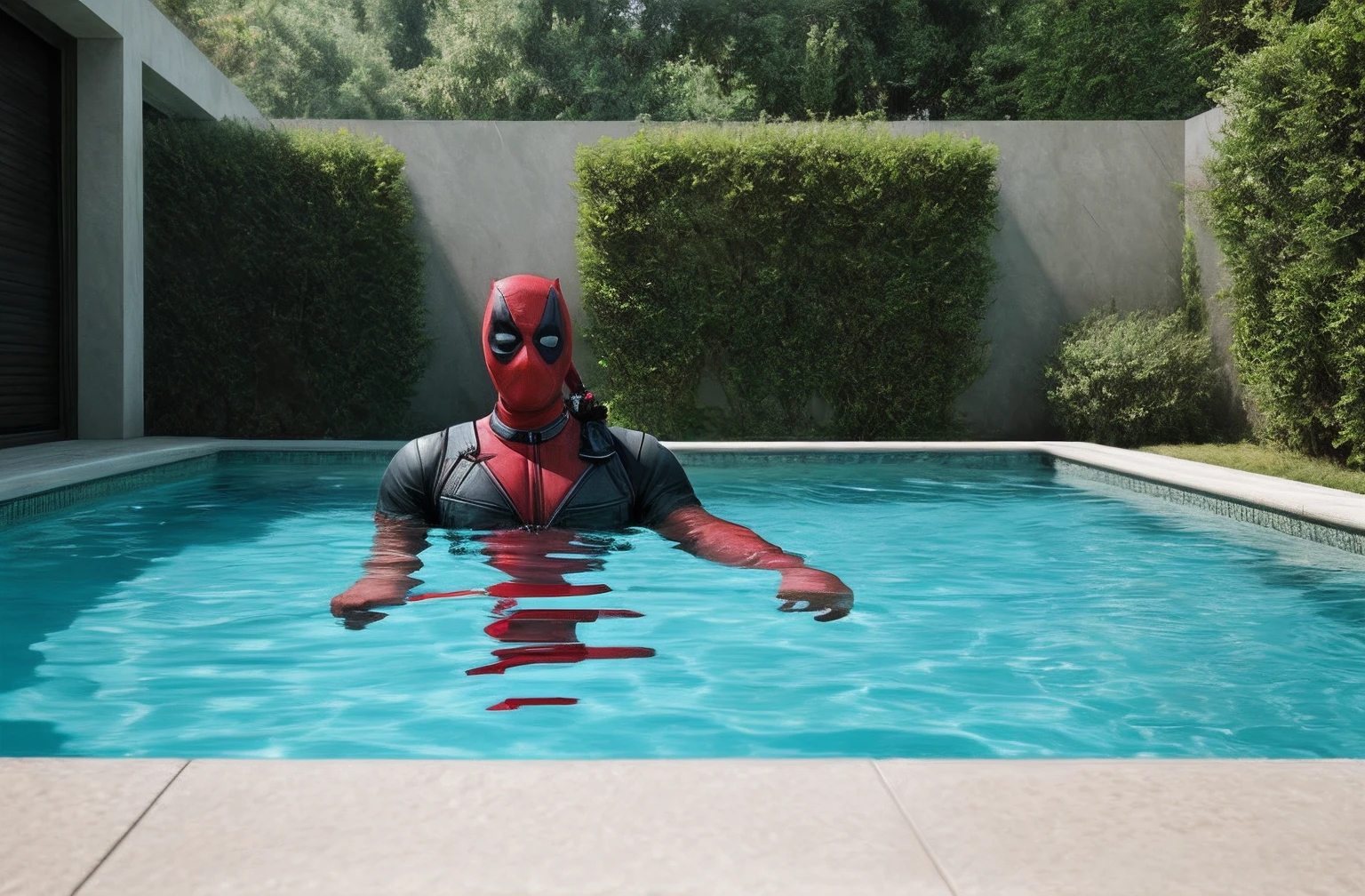 Dead pool, in a pool, realistic, concept art, 4k