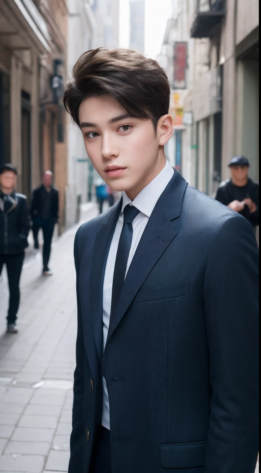 8K resolution in the best quality,It presents a portrait of a boy who can be called a masterpiece(Masterpiece proportions:1.3)。He stands tall,The handsome appearance is full of charm,The handsome side is perfectly shown。The entire character is presented in the picture,It reveals his confidence and boldness。
The boy has a handsome face that is deeply admired,The contours of the face are clear,Reveals healthy muscle lines。His thick dark brown hair adds a refined touch to the whole image。He is dressed appropriately,The ratio of shirts and pants is 1.1,The clothes show an atmosphere of confidence and elegance。
The work presents the boy's face in super detail,Especially his eyes。The design of the double eyelids makes his gaze more attractive and affectionate。The background is blurred out,The boy's handsome face is highlighted。His environment is outside the city,The background depicts bustling streets and buildings,It adds a touch of urban atmosphere to the work,Complements his confident image。