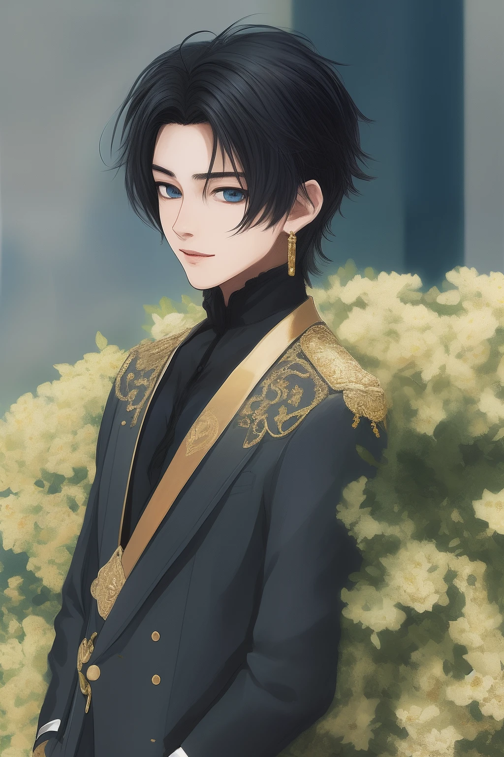 anime boy, -18 yeearing a luxurious prince suit, with fringes on his shoulders,.He curled his lips and smiled softly, sparkling blue eyes like hundreds of thousands of flowers in bloom, his hair black with gold, wearing a cross earrings