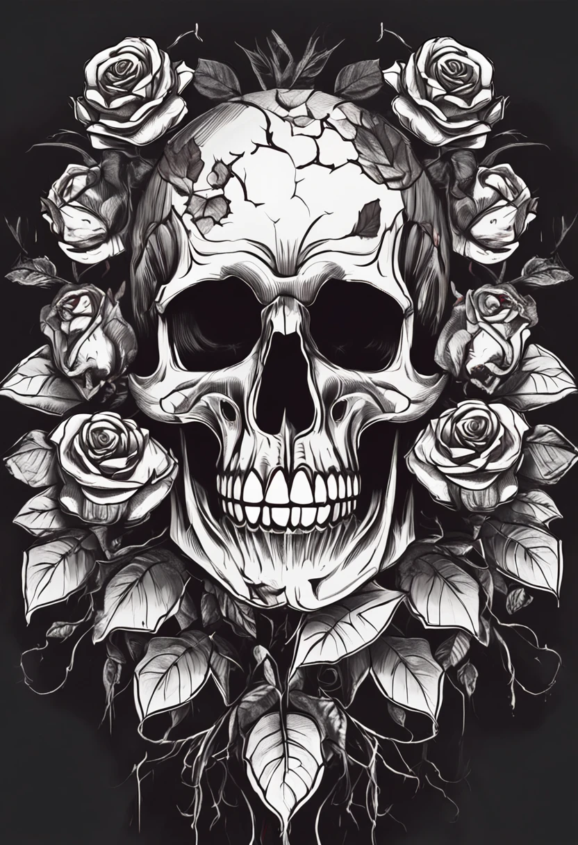 a skull with roses and leaves on its head, skull made of red roses, 8 k altamente detalhado ❤🔥 🔥 💀 🤖 🚀, 8k highly detailed ❤️‍🔥 🔥 💀 🤖 🚀, adorned with demon skulls, glowing red skull, with a crown of skulls, Cores Preto e Vermelho, death skull, gothic horror vibes, red skull, ((skull))