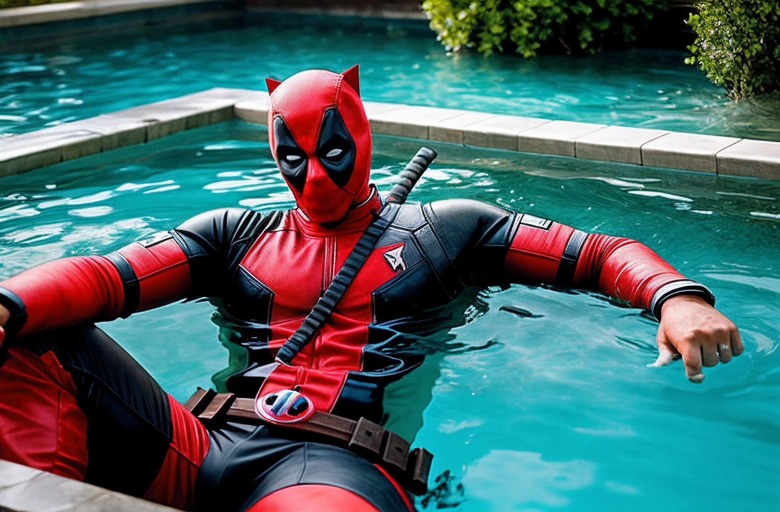 Dead pool, in a pool, realistic, concept art, 4k