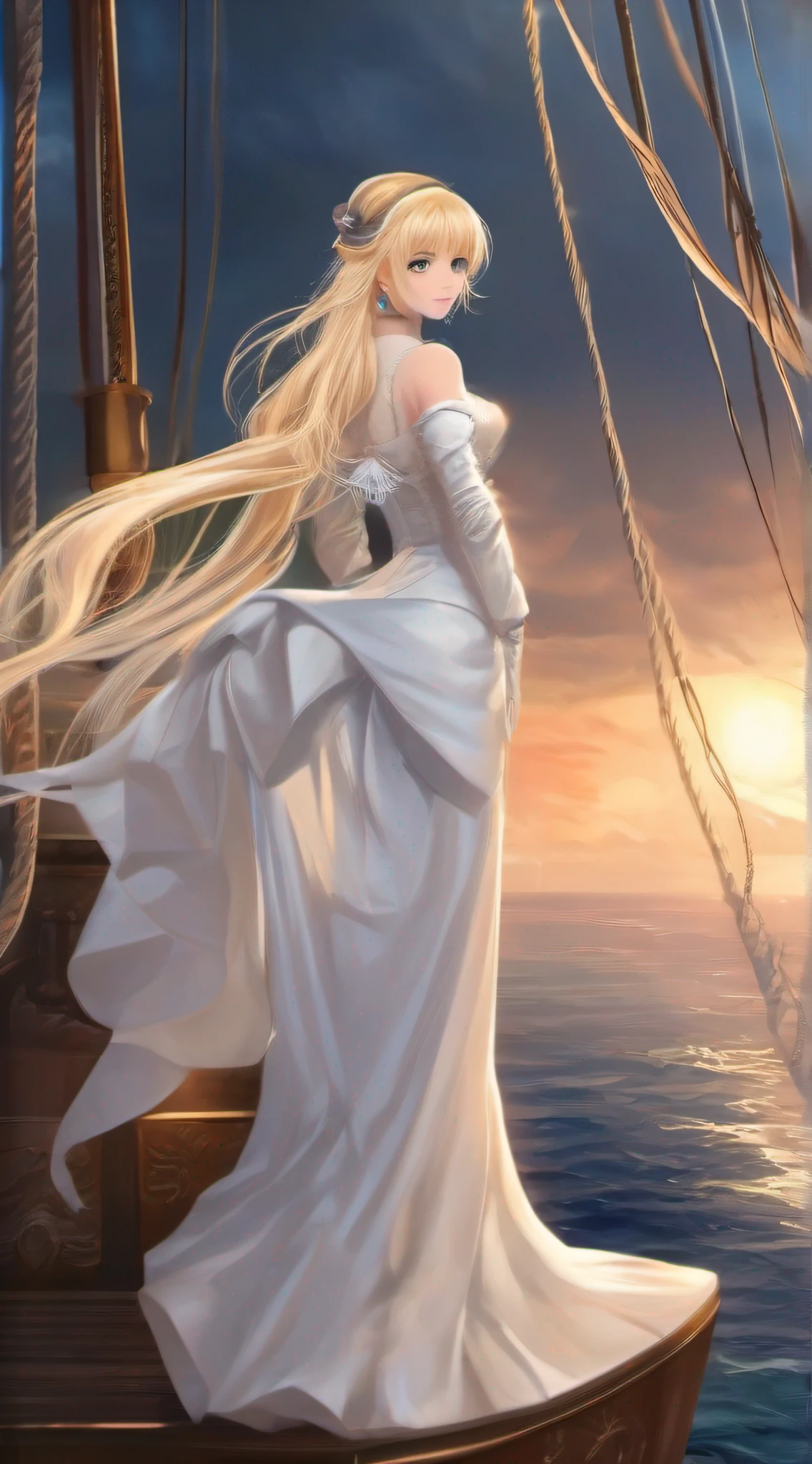Beautiful blonde girl wearing long white gloves，long whitr hair，HD standing painting，royal，Ship Maiden