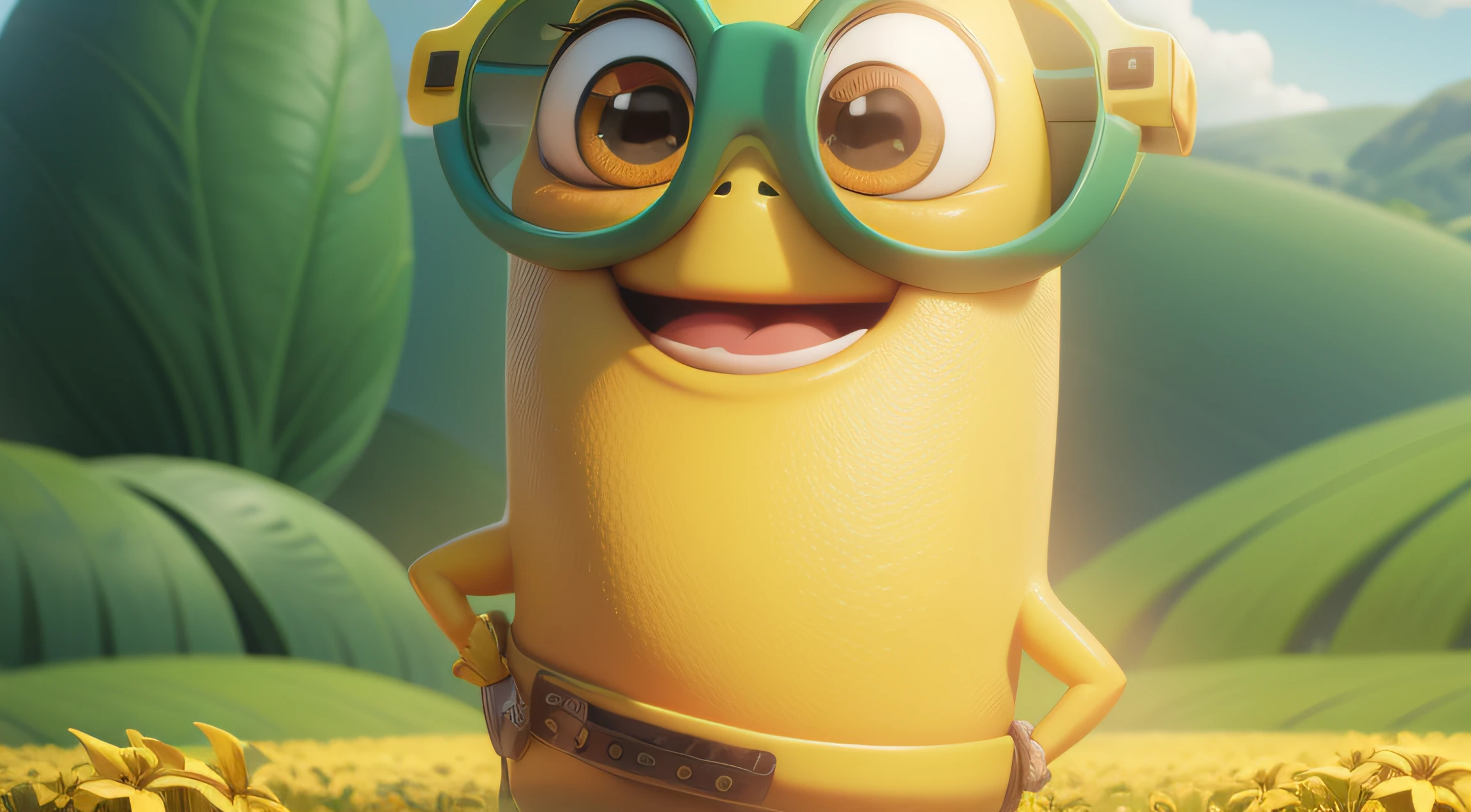 cute banana character fruit in field background, pixar disney cartoon style