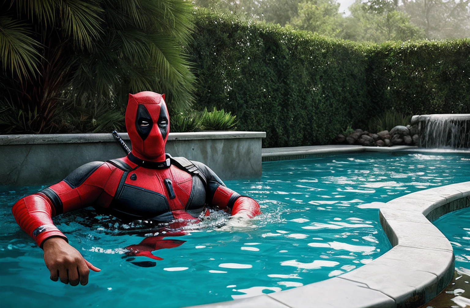 Dead pool, in a pool, realistic, concept art, 4k