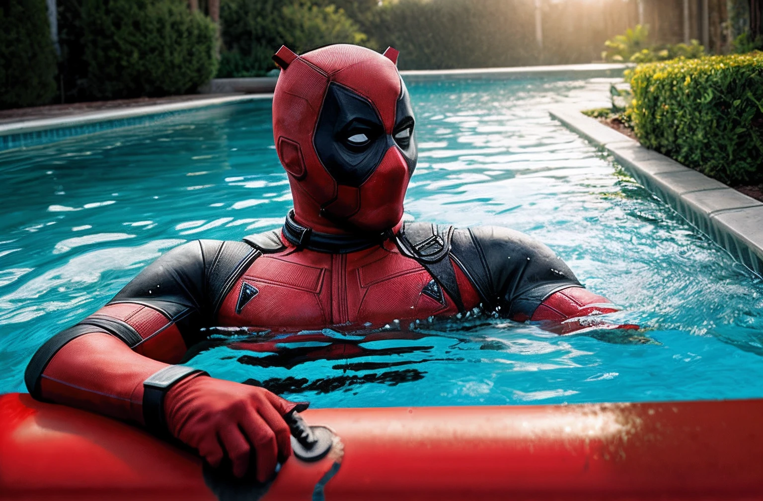 Dead pool, in a pool, realistic, concept art, 4k