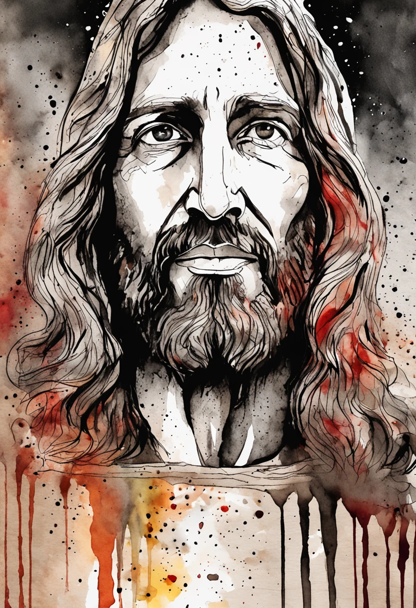 (respingo de tinta, pingos de tinta, splatter de tinta), tinta marrom, monocromatic, shades of brown and red, Aquarela, pinceladas largas, faca de paleta, non-portrait painting of Jesus Christ, Olhos detalhados, ((olhos pretos)), cabelos escuros, hands hidden, fundo branco, tela branca, criativo, arte da camiseta, arte vetorial.