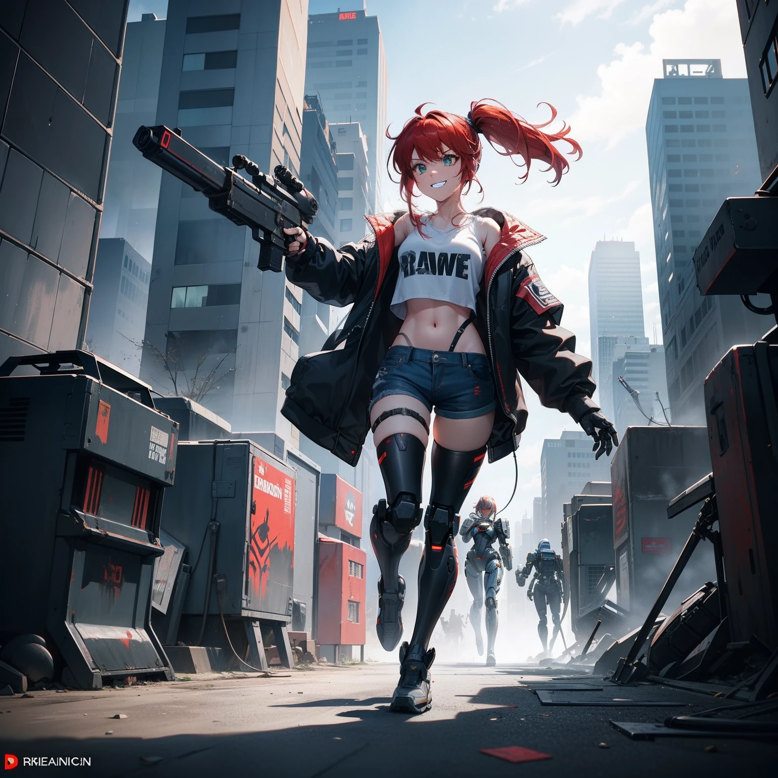 Full body shot, {(The girl)} and {(The robot)}。{(The girl) has red hair and two ponytails and green eyes,Wearing a bomber jacket、Crop top and denim shorts,Armed with a laser rifle, The girl stood with a laser rifle in hand shooting the laser rifle }。{(The robot) has a metal head,Silver and metallic body,Didn't wear any clothes, lying down, face down, dead with smoke rising from body},smile, grin, happy, holding laser rifle, shooting, shooting the laser rifle,guns blazing, guns flaring, rapid fire, exploisions, explodes, kill robot, kill robot, kill robot, destroy robot, robot attack, robot attack, robot pounce, robot lunge, robot attack, robot exterminate, terminator robot attack, dead robot, dead robot, broken robot, malfunctioning robot, dead robot, destroyed robot, robot remains, robot broken into several parts, {{{cyberpunk city warzone}}}, cinematic lighting, 200 mm, in cyberpunk city, frontal shot, side profile shot, rear shot, back shot, behind shot, full body shot, masterpiece, highly detailed