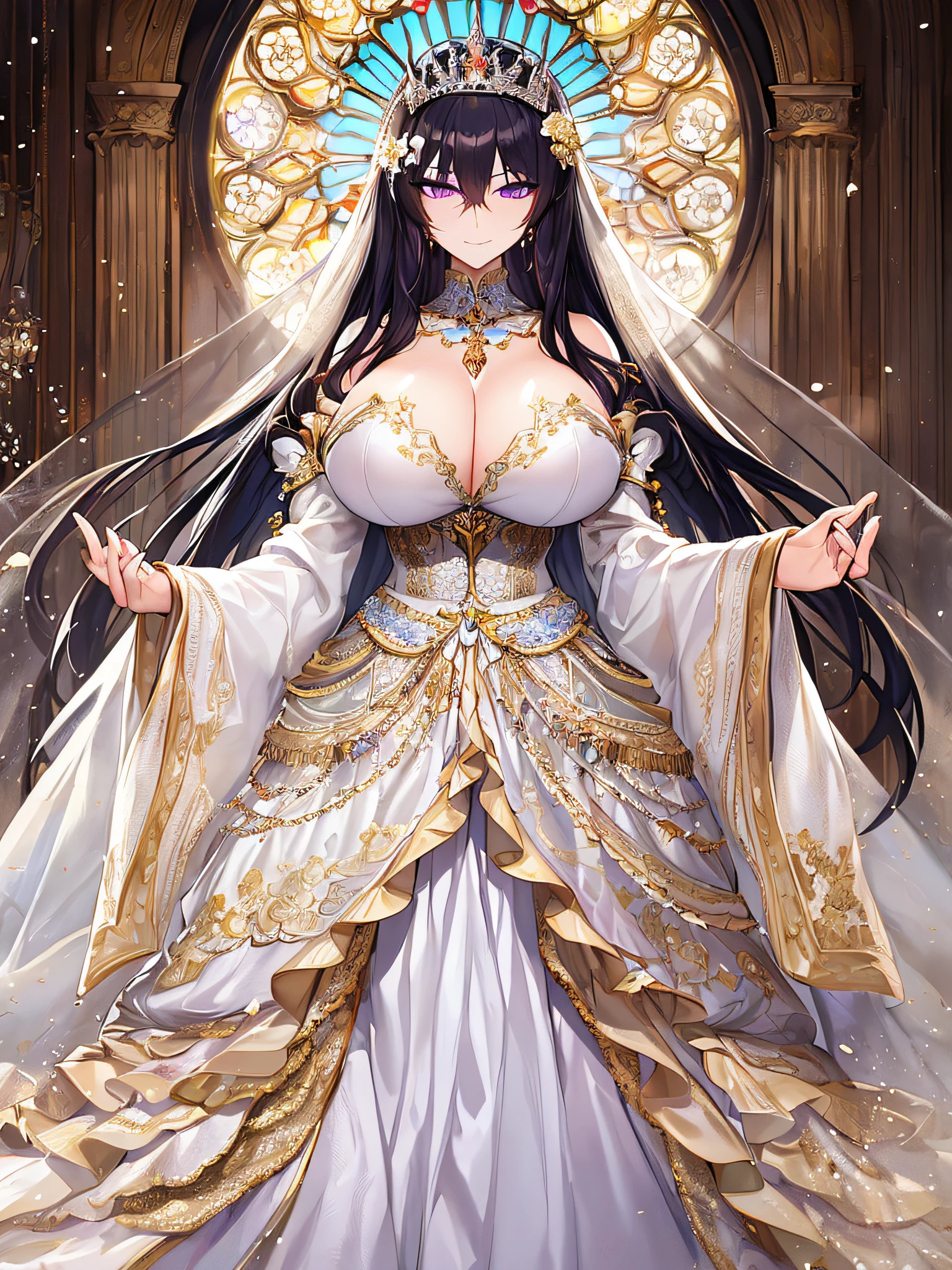 ((anime artstyle)),Masterpiece,Best Quality,Super Detail,Very Delicate and Beautiful,Solo,((full body)),((1 arrogant queen wearing beautiful embroidery gorgeous white ballgown wedding dress with voluminous crinoline hoop skirt)),voluminous frills and beautiful lace,(gigantic tits,skindentation),jewel-like eyes,((arrogant smile)),((arrogant,haughty)),dominant pose,Sharp eyes,(Purple eyes),Beautiful detailed face and eyes,((Bangs between eyes,voluminous straight hair,extremely Long straight Hair)),black hair,gorgeous embroidery and lace,enormous puffed sleeves,luxury hair ornament,extremely gorgeousfull jeweled tiara,long train,bling-bling gorgeous gemstone jewelry,long wedding veil,full body,standing in the sacred cathedral,indoor,white lily flowers,flower petals flowing,Stained glass,light particles,Sacred Light,(luxury carpet),((beautiful embroidery gorgeous white ballgown wedding dress with voluminous crinoline hoop skirt))