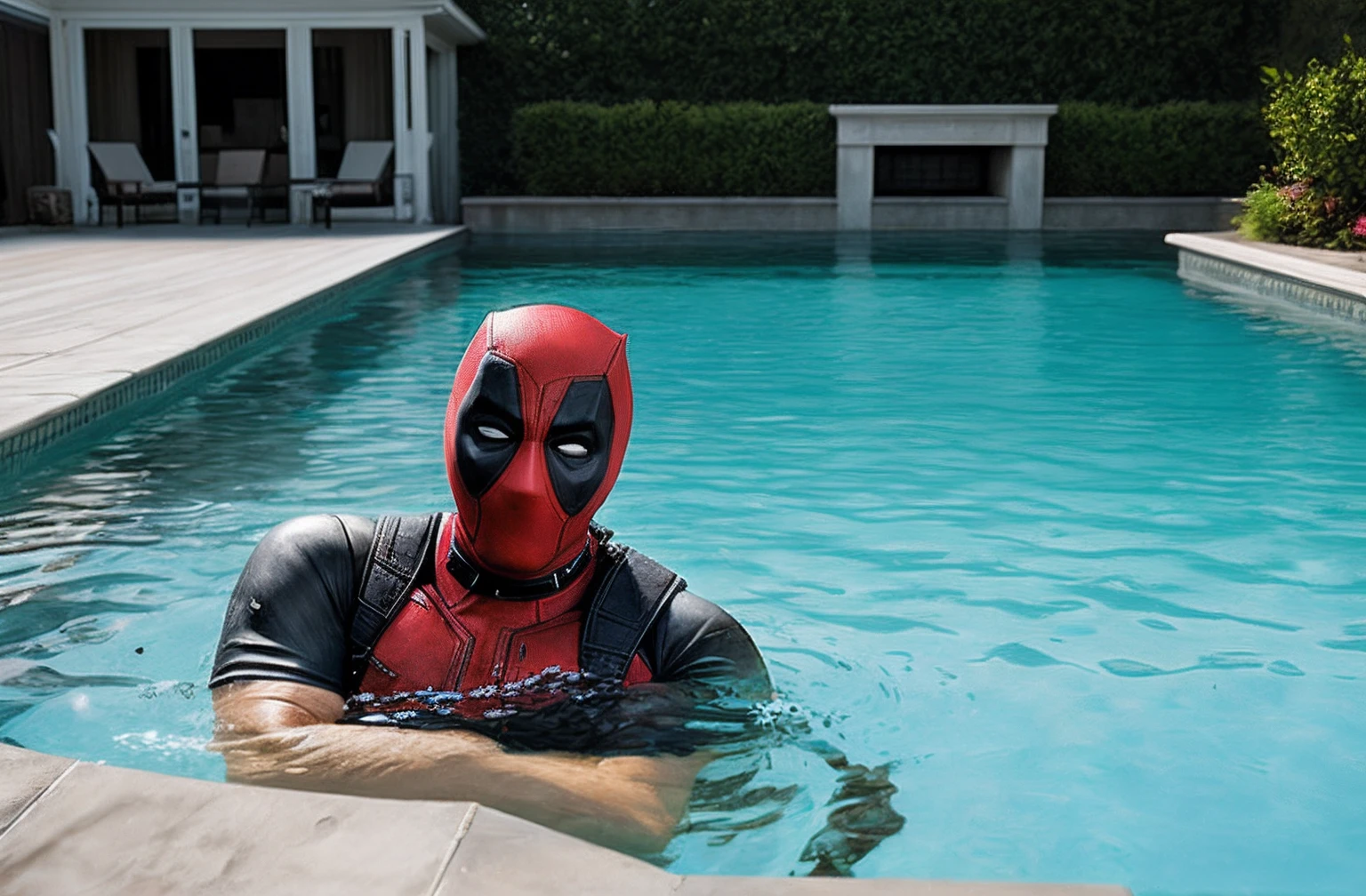 Dead pool, in a pool, realistic, concept art, 4k