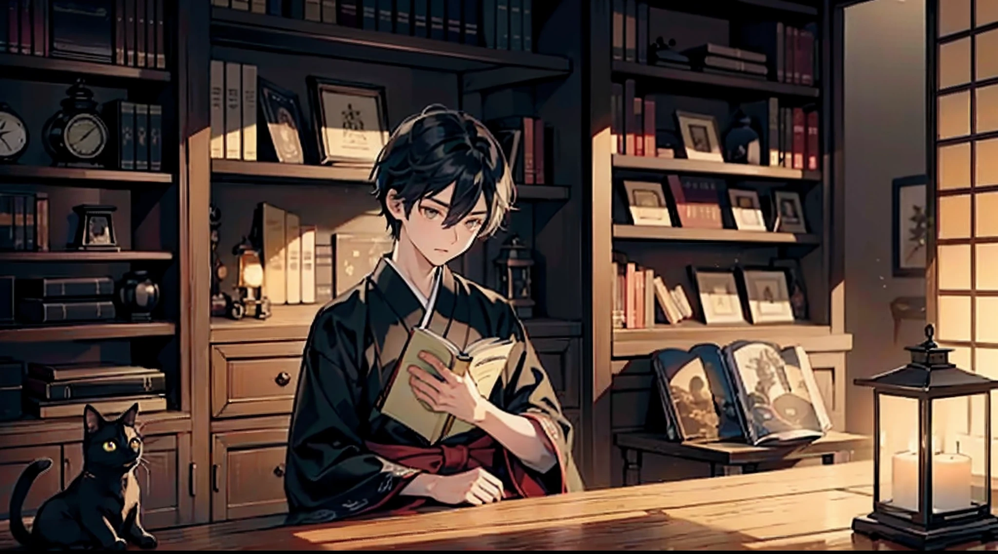 #Quality (intricate-detail、ultra-detailliert:1.2),
#night sky (darkness of night,no light),
#one writing boy (16 male、Honor Students、A dark-haired、short-hair、hakama,sit flat),
#black room at night (no light,black cat,wooden low table,one candle,pretty tatami,a lot of books,bookshelf)