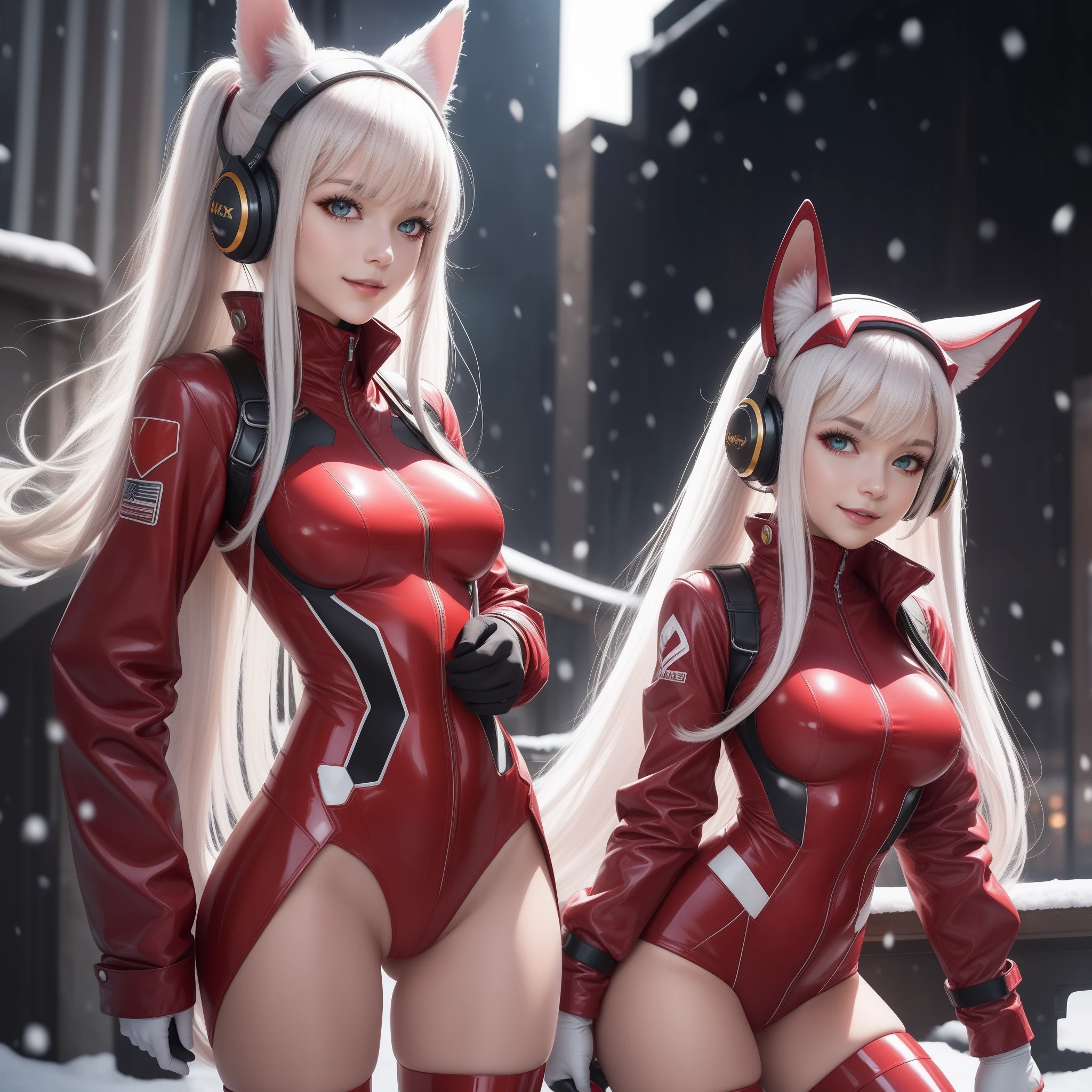 Zero two darling in the franxx, (RAW photo, best quality, masterpiece:1.2), (realistic, photo-realistic:1.4),(masterpiece:1.4),(best quality:1.4),1girl, solo, :d, animal ear headphones, animal ears, arms up, bangs, blush, bodysuit, breasts, bunny pose, clothes writing, covered navel, cowboy shot, cropped jacket, fake animal ears, gloves, outdoor,morning,snow, hair intakes, headphones, impossible bodysuit, impossible clothes, jacket, large breasts, latex, latex bodysuit, long hair, long sleeves, looking at viewer, large breasts, multicolored gloves, open mouth, pink bodysuit, pink eyes, red eyes, red jacket, shiny clothes, shrug \(clothing\), sidelocks, skin tight, smile, thigh gap, thighs, twintails, very long hair, white gloves, white hair,alice \(nikke\),(shiny skin),realistic,