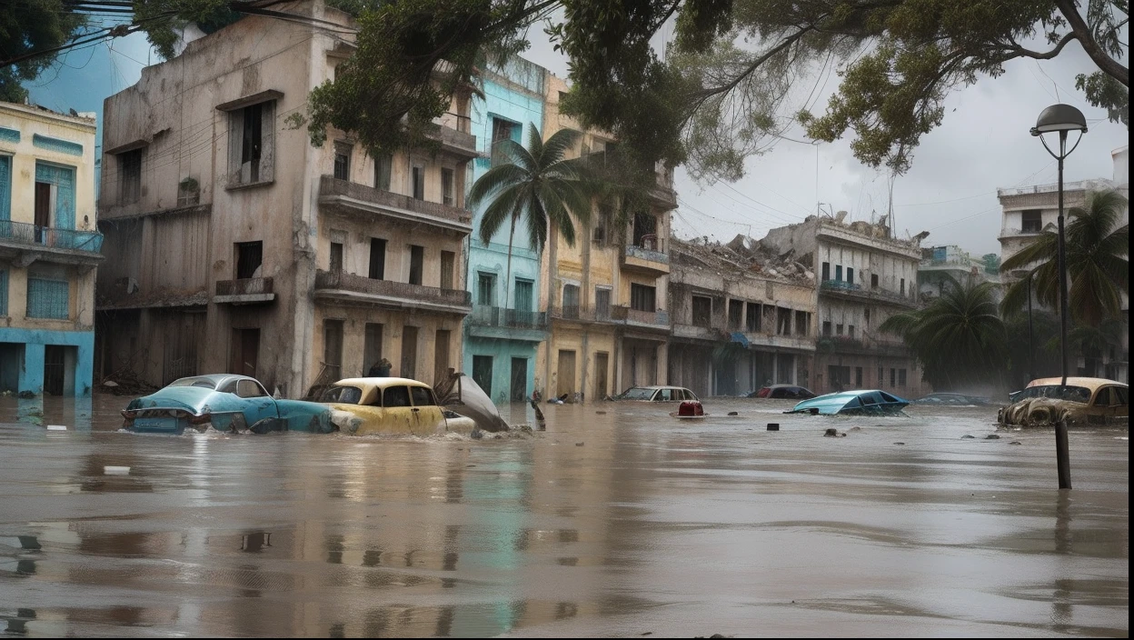 realistic, Havana, collapsed buildings, torrential rain, severe flooding, chaos and destruction, atmosphere of despair