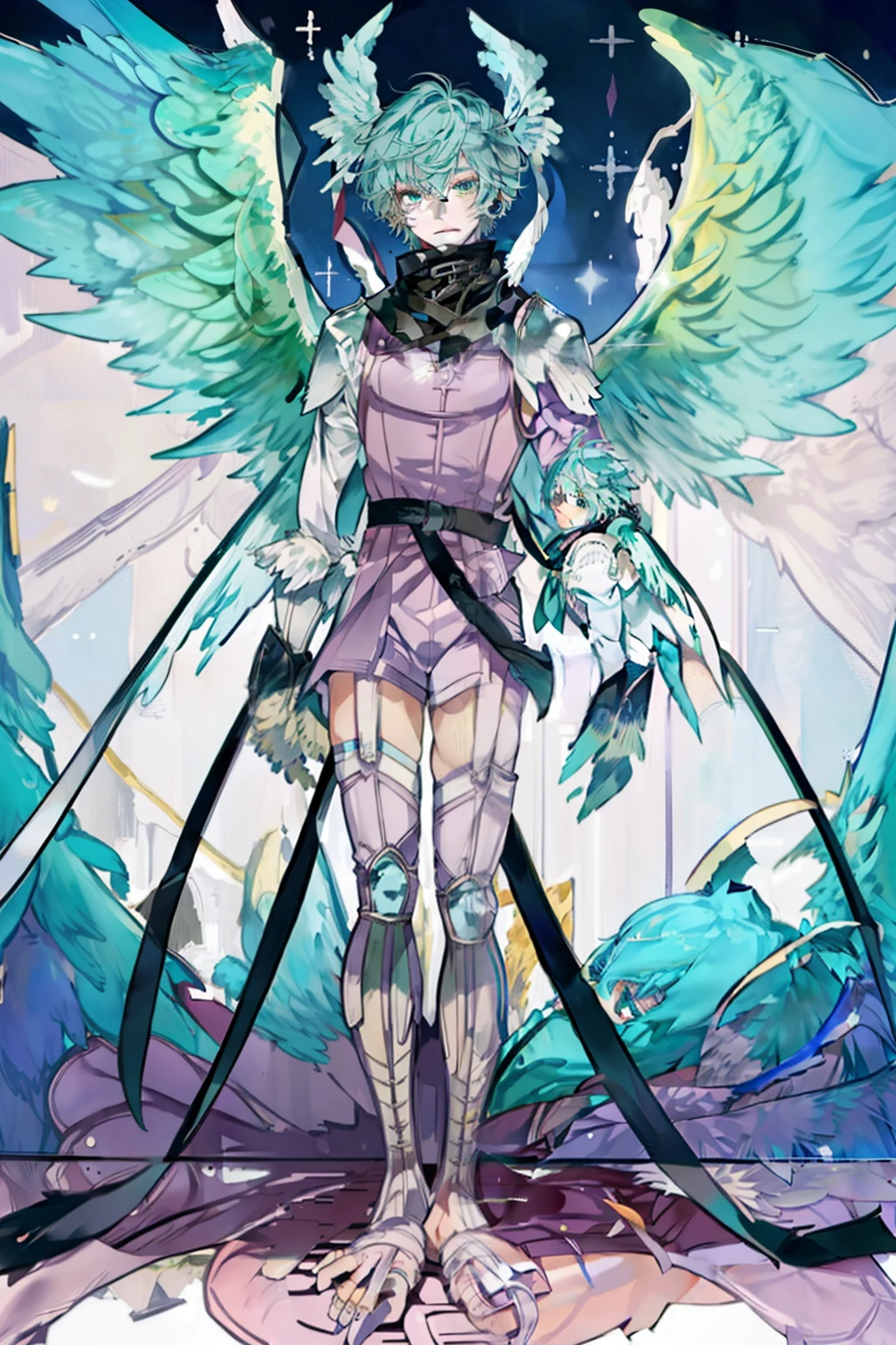 SHUTUMON
GARTER STRAPS
FEATHERED WINGS
SCARF, proportional eyes, (anime:1.5), sharp details, beautiful face, symmetrical eyes, short light blue hair, short hair, light blue hair, green eyes, man, high quality, (full body:1.3), ((Male Shutumon)), Purple clothes, Wings on head