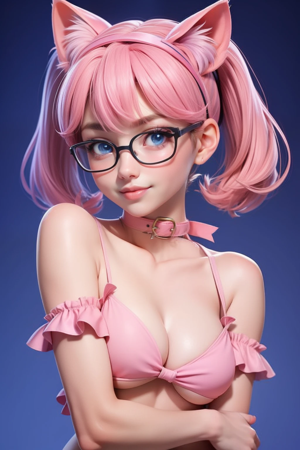 1girl, tohsaka rin, solo, short hair, erotic bikini, pink cat ears headband, collar, off shoulder, bare chest, perfect round breast, small breast, cleavage, underboobs, erotic, nsfw, glasses, blush, seductive smile, cute face, looking at viewer, sexy pose, blue background, pink hair, simple background, two side up, blue eyes, lips, closed mouth, ribbon, hair ribbon, bangs, upper body, parted bangs, pink ribbon, twintails, nose,