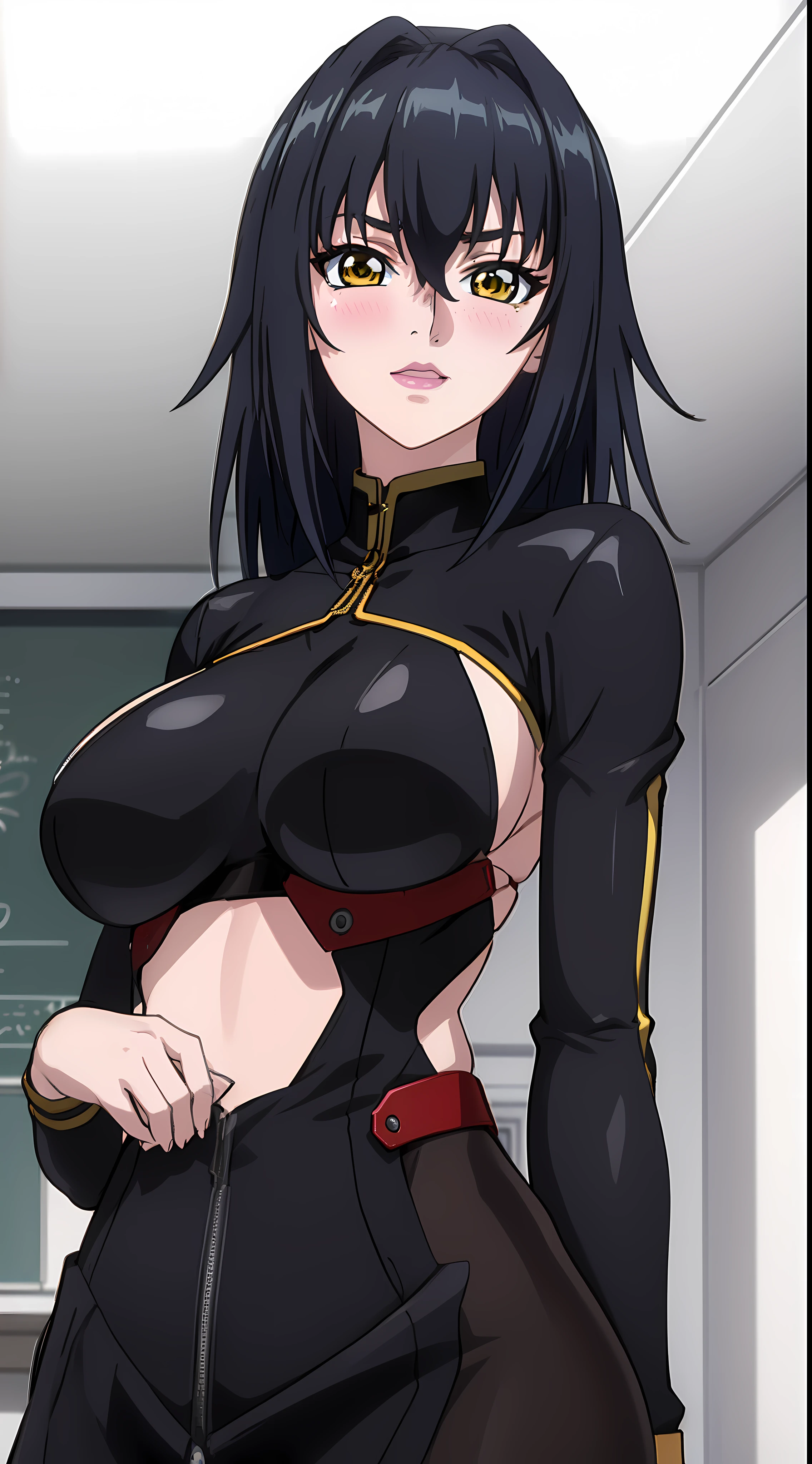 (plain white background), professional artwork, Intricate Details, field of view, sharp focus, detailed painting, photorealistic lighting, trending on pixiv, Standing at attention, black outfit ,yellow collared shirt,black and red bodysuit,skin_tight,black legwear, black pantyhose, Side_boob, black hair,very long hair, Bangs,yellow eyes,makeup, lipstick, 20yo,mature female,Beautiful Finger,Beautiful long legs,Beautiful body,Beautiful Nose,Beautiful character design, perfect eyes detail, perfect face, looking at viewer,official art,extremely detailed CG unity 8k wallpaper, perfect lighting,Colorful, Bright_Front_face_Lighting, (masterpiece:1.0),(best_quality:1.0), ultra high res,ultra-detailed, hyperdetailed, photography, 8K, HDR, highres, absurdres:1.2, Kodak portra 400, film grain, blurry background, bokeh:1.2, lens flare, (vibrant_color:1.2) (Beautiful,large_Breasts:1.4), (beautiful_face:1.5),(narrow_waist), (solo:1.4), ((upper body, half body shot:1.4)), annerose:1, classroom, (blushing, shy, pretty, tsundere:1), looking at viewer,