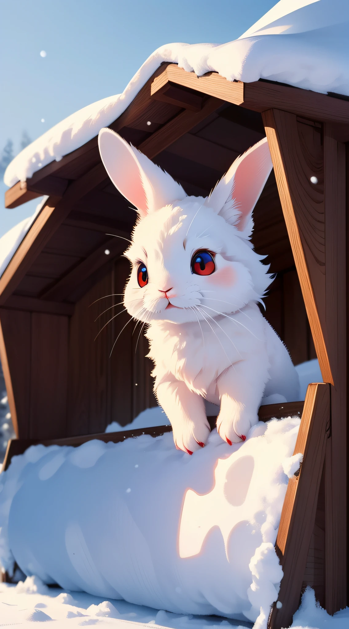 rabbit, cute, animal, red eyes, best quality, snow, furr,,happy, happyness, cute eyes,  house