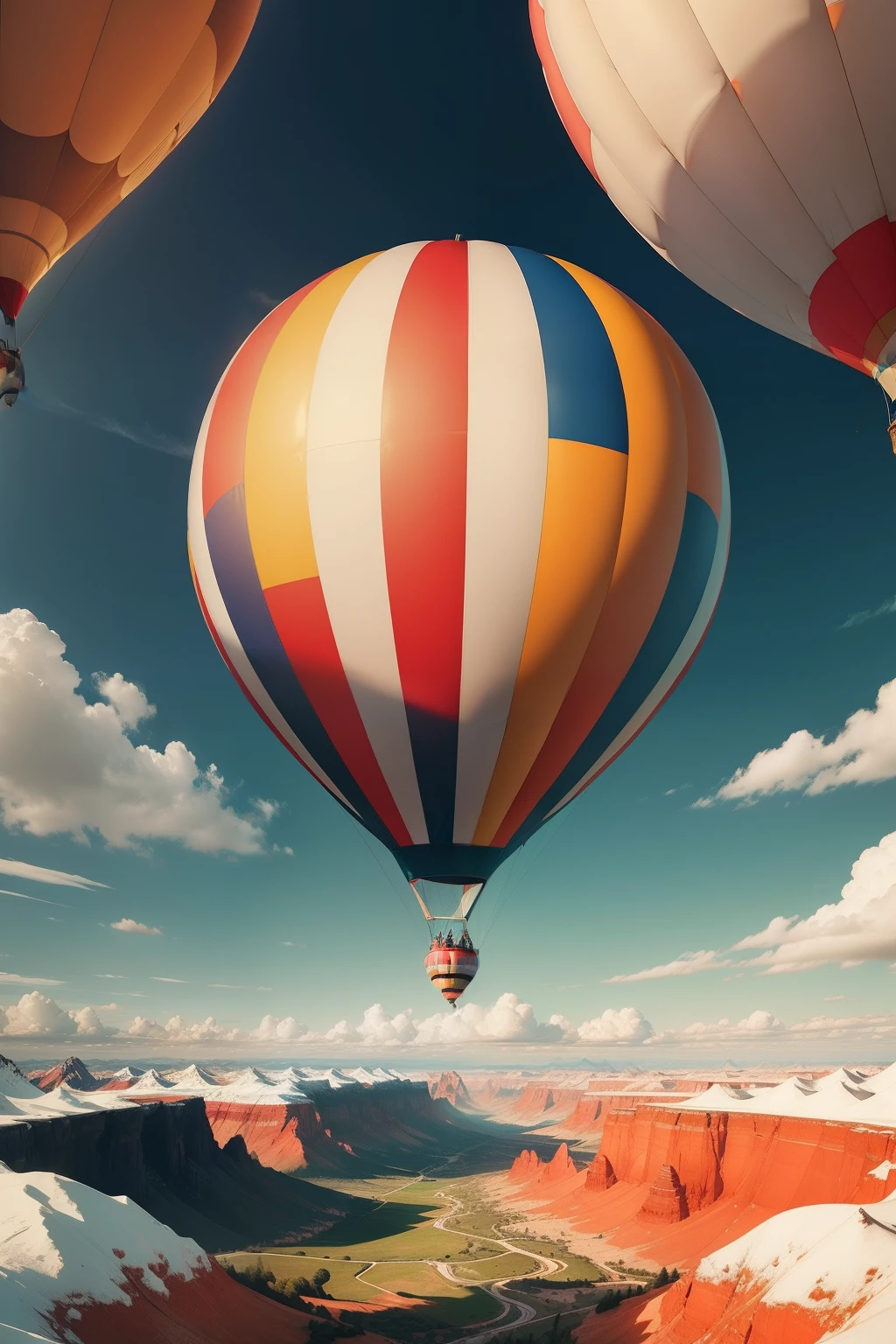hot air balloon with striped colors, with the white part on a larger scale and the rest in green, blue, yellow and red in a valley;