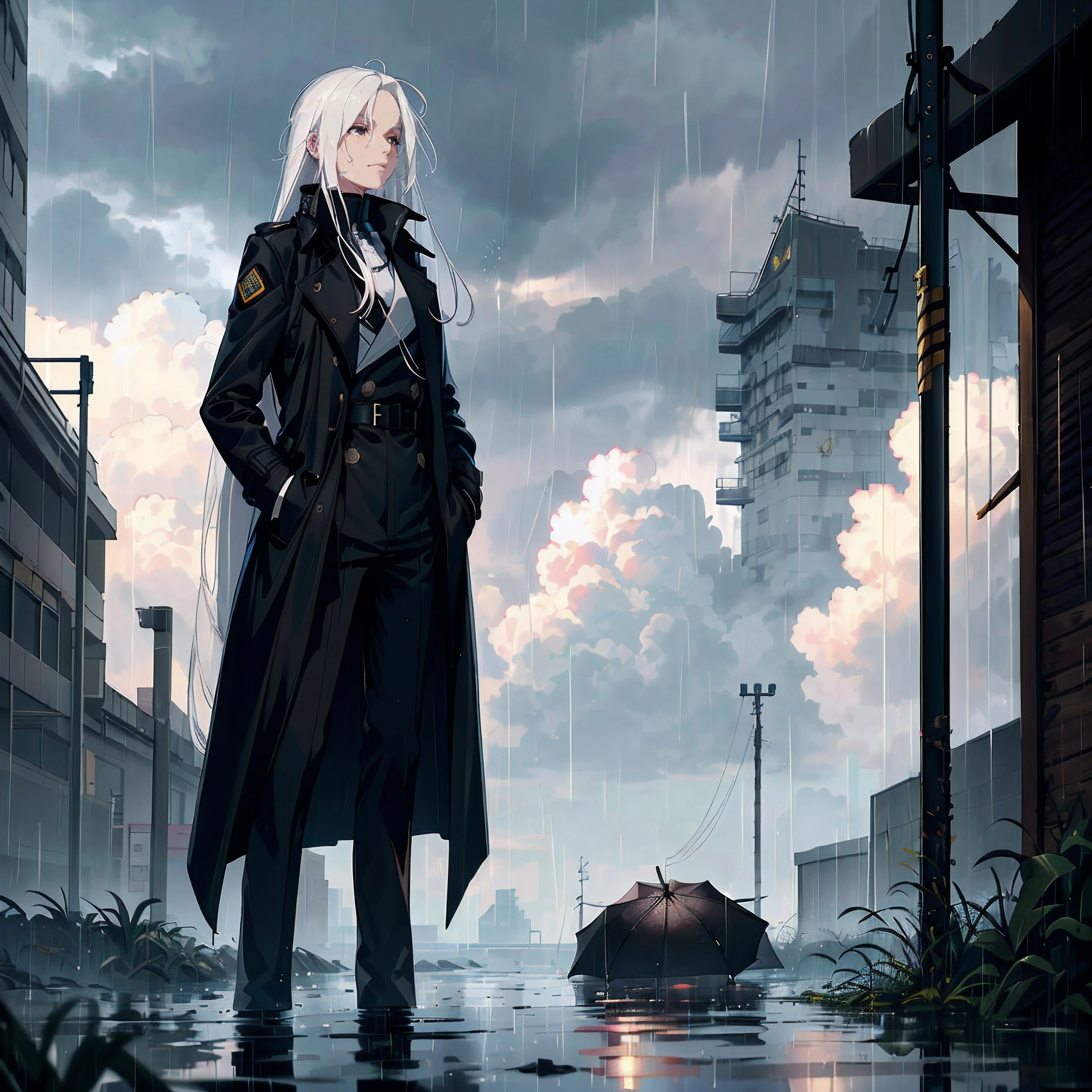 ((Masterpiece, Best quality)), (Kizi), (female focus), (White hair, long whitr hair), Black eyes, Blank stare,, Black military uniform, (Black trench coat, Long trench coat), Wet clothes, (Hands in pockets), (Cloudy sky), standing,Someone next to me helped hold up the umbrella,(heavy rain),