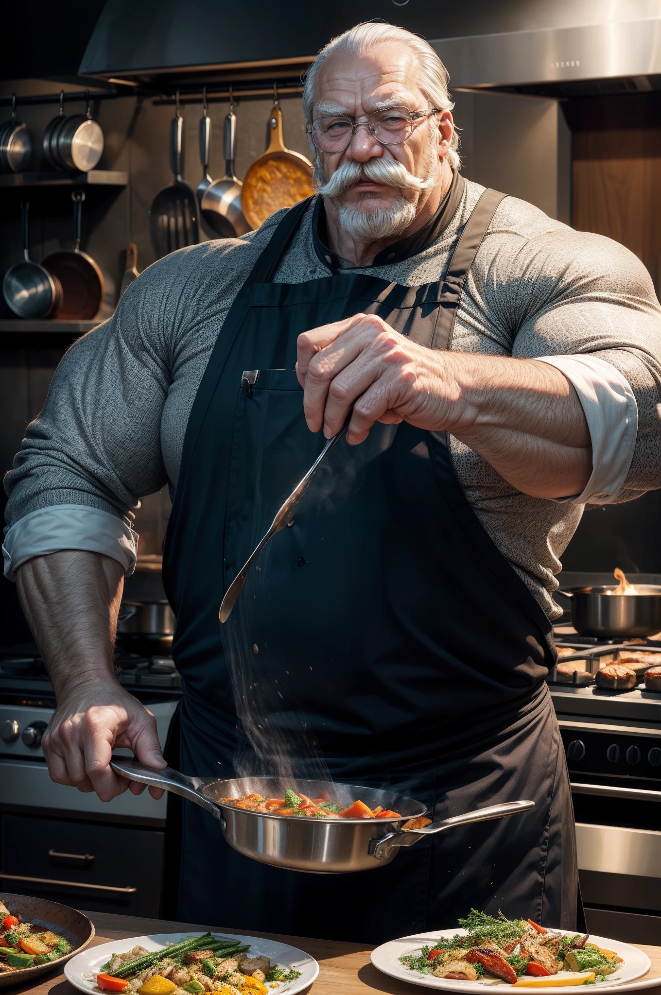 Extremely old chef superhero man over 80 years old very muscular over 200kg Nordic bare chested with large flabby sagging pecs with huge brown nipples with brass rings very long gray hair and large gray mustaches with huge tattooed arms in a cooks wearing white pants and a white chef's cap