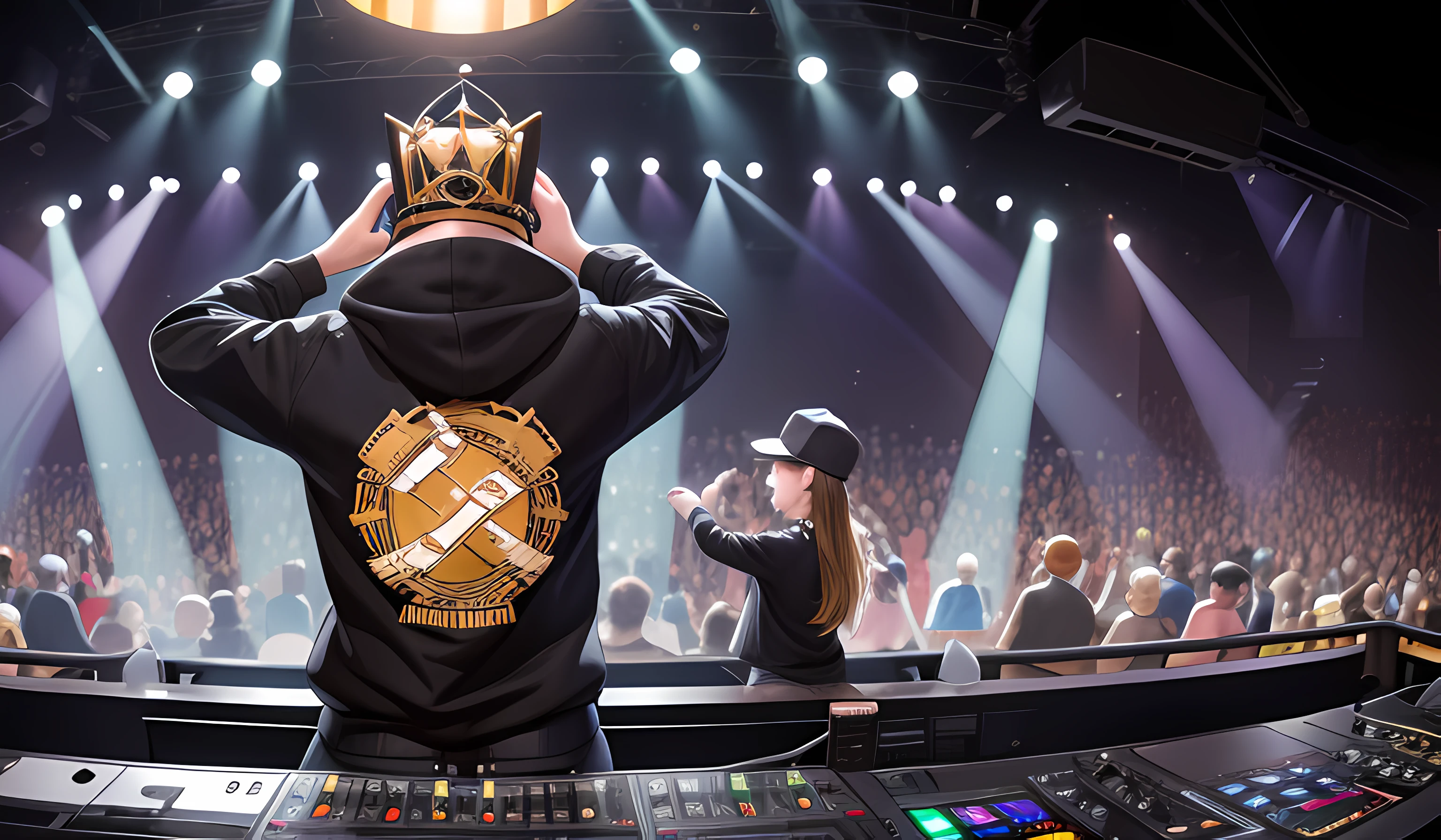 DJ from behind at the top of the stage with a cat's head with a king's crown, wearing a black sweatshirt with a hat, jeans, one hand mixing the music on a mixing board and the other hand animating the show, DJ FROM BEHIND , Bastidores, concerto lotado, Balada estilo cyber punk com luzes LED verdes e amarelas, camera blur