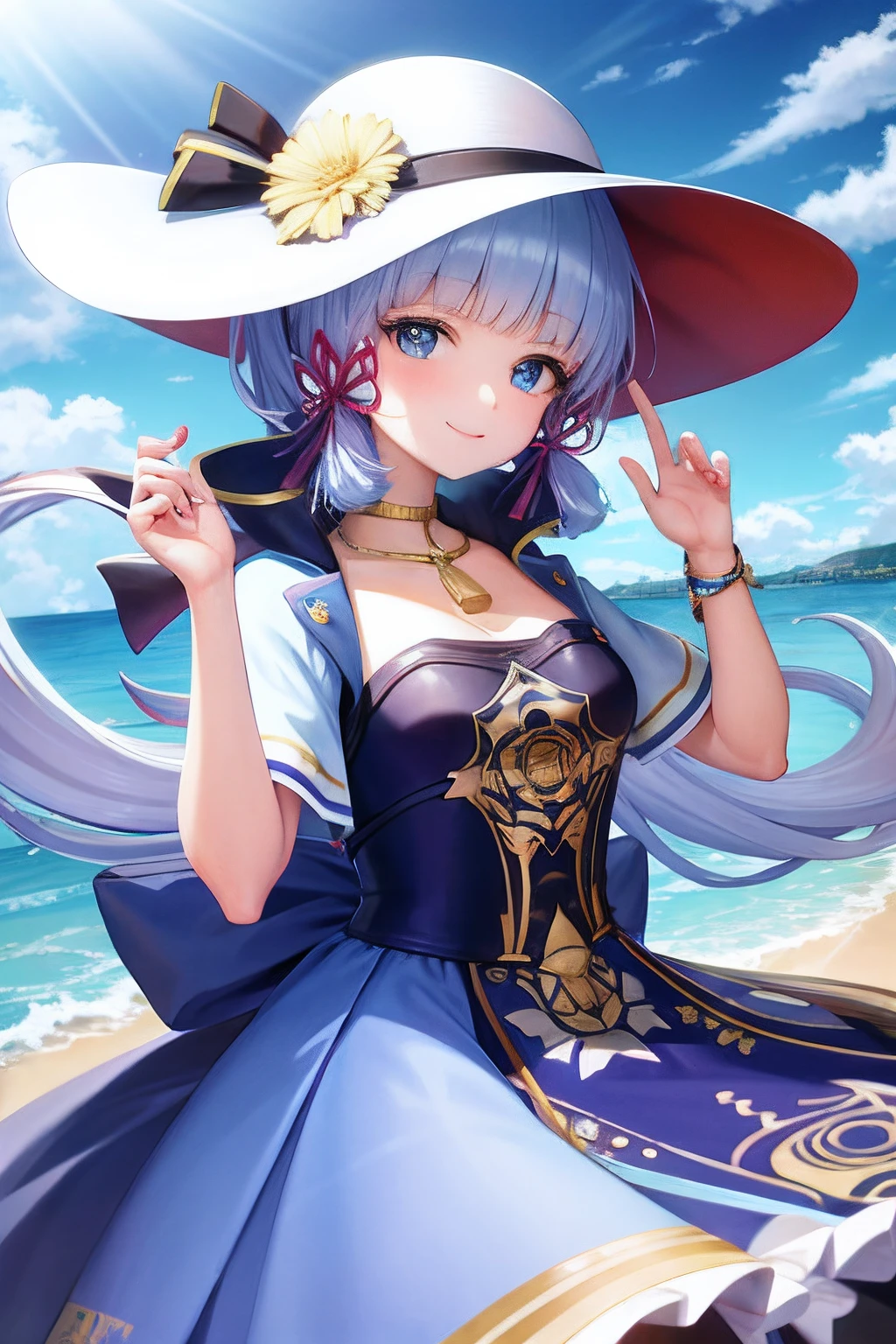 hyper HD, one-girl, By the ocean, Hold on to the railing, wears a white dress, Wearing a sun hat, Smiling, (Photorealsitic:0.75), (waving hands:0.9)。