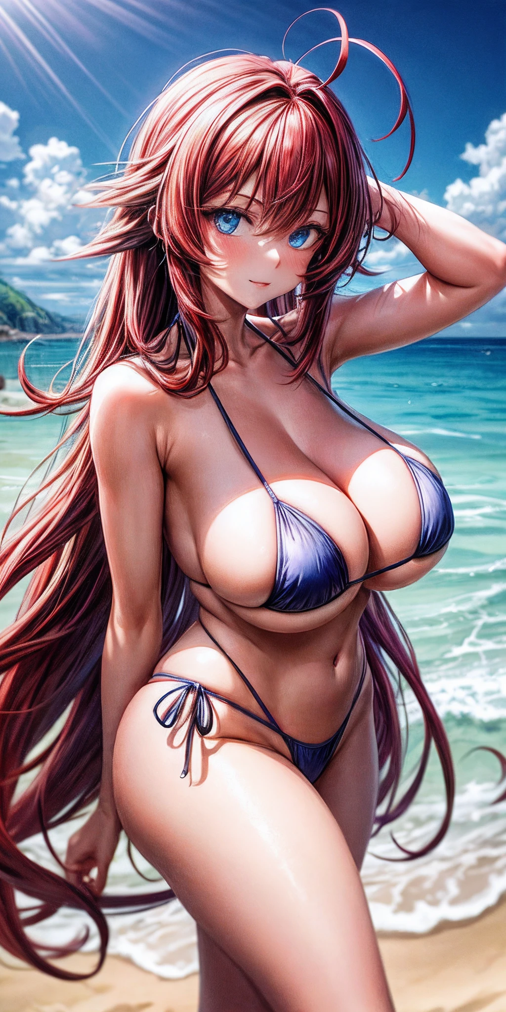 masterpiece, best quality, highres, rias gremory, 1girl, long hair, red hair, ahoge, blue eyes, large breasts, very long hair, breasts, huge ahoge, beach, micro bikini,beach, micro bikini,