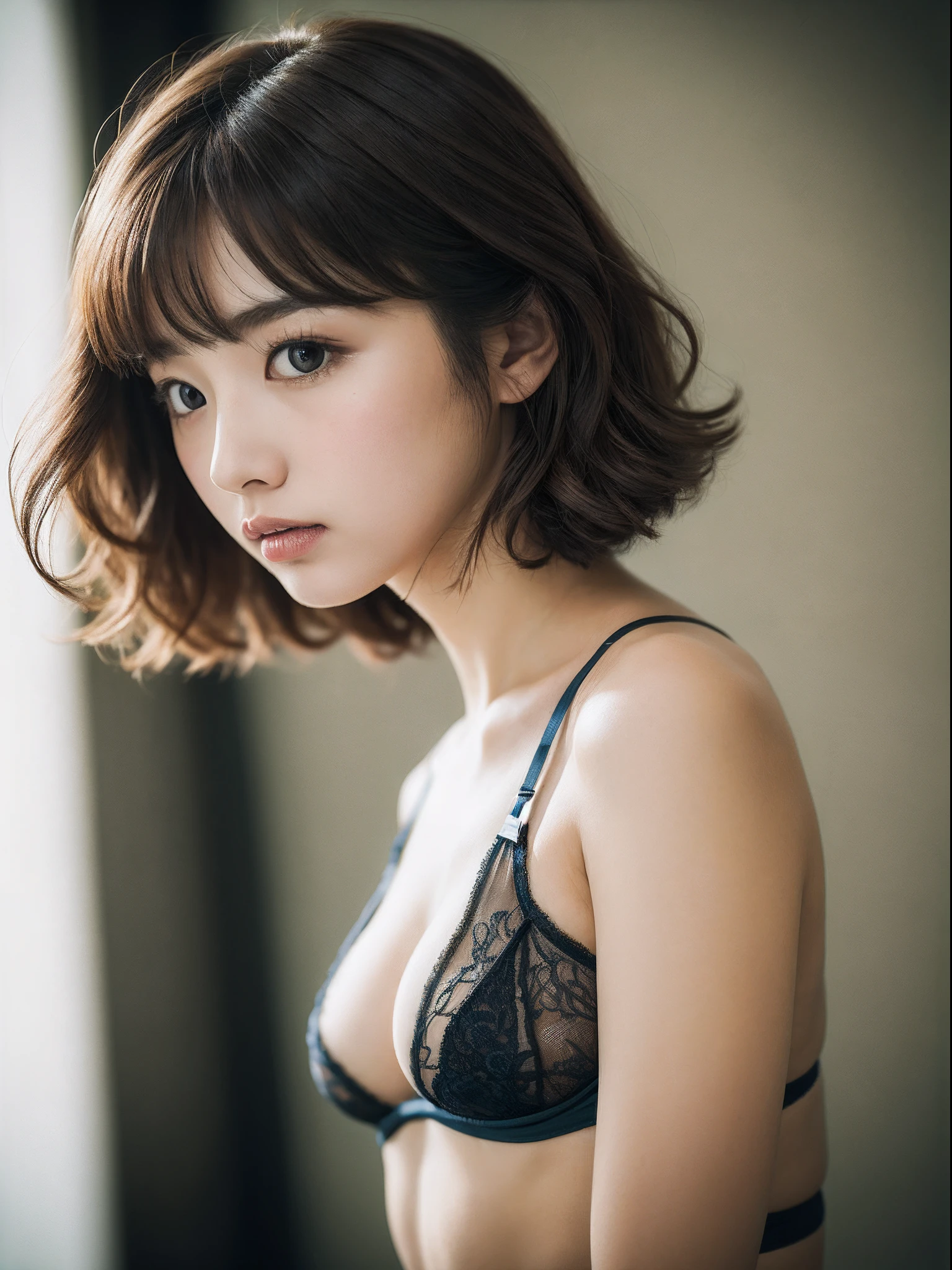 the Extremely Detailed CG Unity 8K Wallpapers、top-quality、ultra-detailliert、masterpiece、studio shoot、Full body portrait、Rear view、(Lingerie Set:1.4), realisitic、Behind the photo、large full breasts、realisitic、Photo Real、extremely detailed cute girl、独奏、sixteen years old、Melancholy look, Art studio , Brown hair, Curly Long Bob, Shaggy, out of focus、blur、