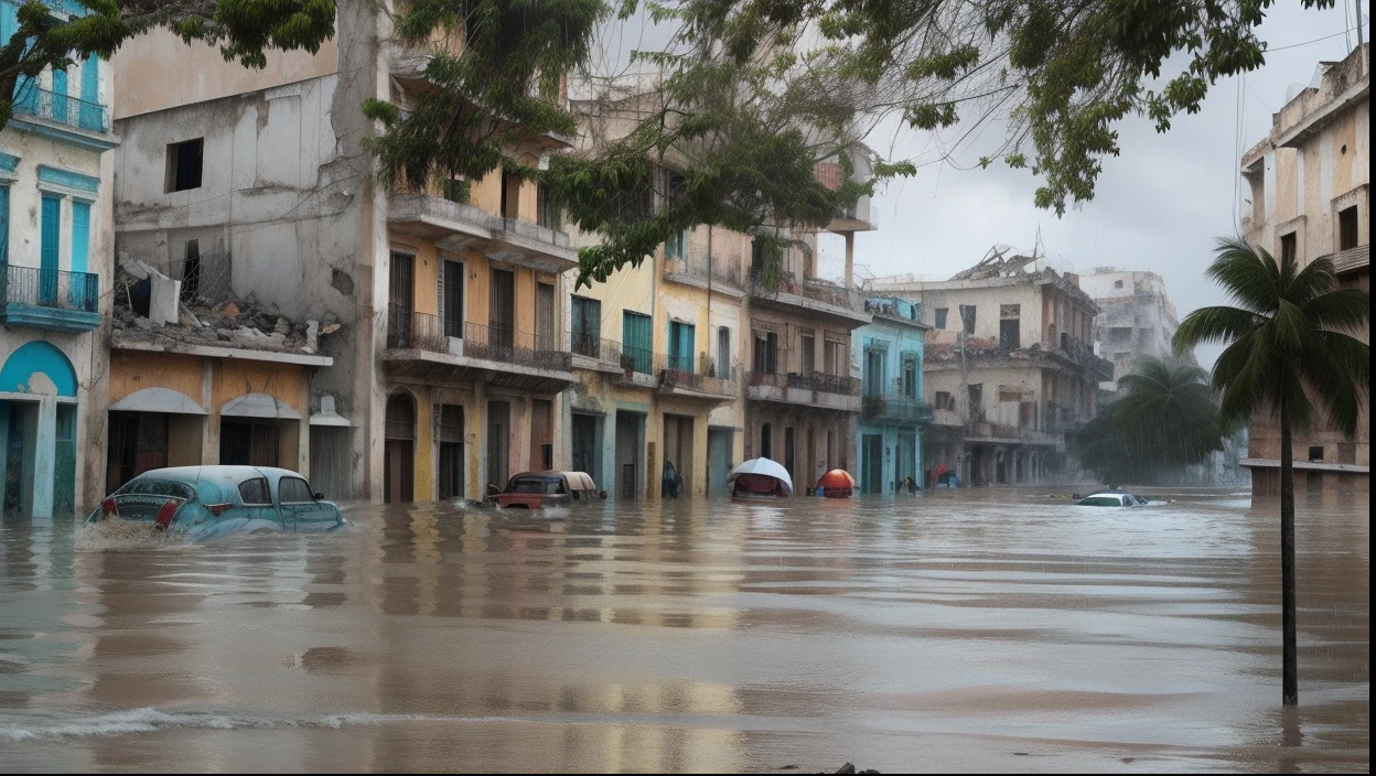 realistic, Havana, collapsed buildings, torrential rain, severe flooding, chaos and destruction, atmosphere of despair