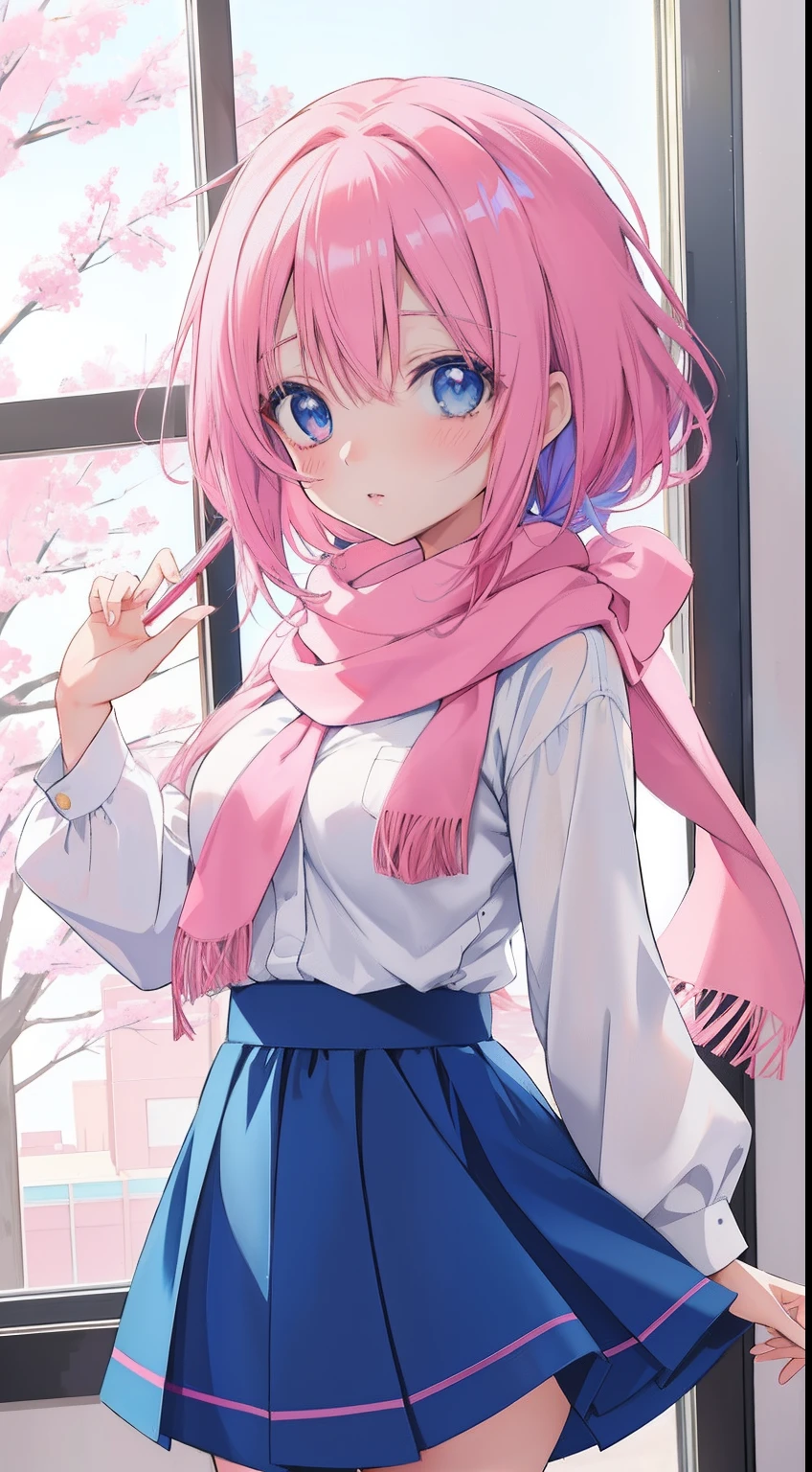 Anime girl with blue eyes and pink scarf stands in front of window, anime style 4 k, anime moe art style, Anime visuals of cute girls, Portrait Anime Girl, anime style portrait, Beautiful Anime Portrait, portrait of cute anime girlbabes, digital anime illustration, Anime style. 8K, Cute anime girl, portrait of cute anime girlbabes, anime portrait