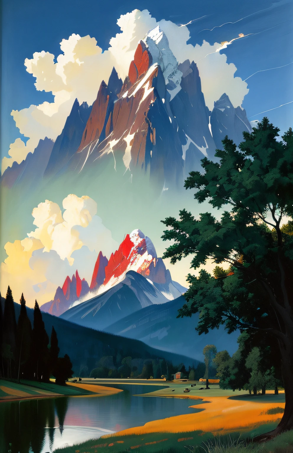 painting by sargent and rhads and leyendecker and greg hildebrandt evening sky, low thunder clouds foothpath with trees at indian summer with zugspitze fitz roy in background, colours green, red, blue black and white, acuarela