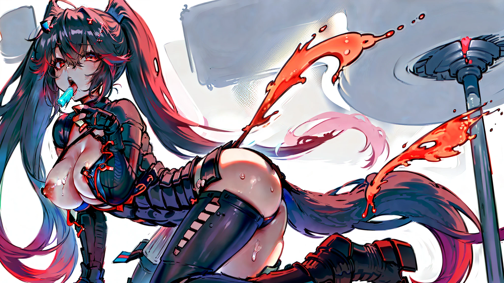 Anime girl lying on table, Beautiful anime girl kneeling with open legs, Biomechanical OPPAI, Sexy pudica pose gesture, seductive anime girls, with index finger, the anime girl is crouching, an oppai cyberpunk, hajime yatate, rogue anime girl ayanami rei, ryuko matoi, sexyposture, konachan,Exhale the mist,Stick out her tongue,Mermaid line,musculature,Ambiguous eyes,High-fork panties,Be red in the face,huge tit,over knee socks,open open mouth,Stick out her tongue, dropping saliva,White popsicles,Melted popsicles,Hair tied up,Long tongue,Single horsetail,The melted popsicle falls on the chest,Excitation,Rub your chest with your right hand,Plenty of liquid,White liquid,Floating popsicles,Suck on popsicles,looking at viewert,love heart,Throw a wink,Lick gently,Camel toes,Half-off coat,Oral sex,Popsicles in his mouth,Semi-closed Eyes,Abs,musculature,Sunburn,Brown skin,Popsicle pointed to panties,Put popsicles in it,Hold your butt with your left hand,Thick and long popsicles,Openwork panties,Top crotch,Fork the legs,without wearing shoes,Mesh socks,Excretion of breast milk,yogurt,Yogurt comes out of the mouth,Yogurt flows from the inside,A small amount of belly yogurt,Lower breast,Excrete yogurt,Get wet,leg loops,Yogurt flows from the butt,Jet yogurt,The halo,Lunette de soleil,black long boots,Deep orange glowing eyes,coda