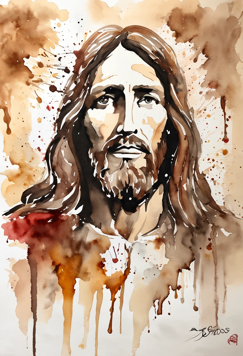 (respingo de tinta, pingos de tinta, splatter de tinta), tinta marrom, monocromatic, shades of brown and red, Aquarela, pinceladas largas, faca de paleta, non-portrait painting of Jesus Christ, Olhos detalhados, ((olhos pretos)), cabelos escuros, hands hidden, fundo branco, tela branca, criativo, arte da camiseta, arte vetorial.