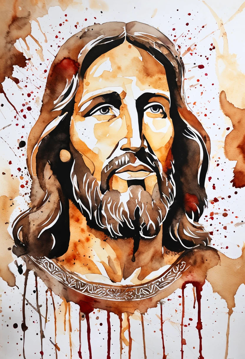 (respingo de tinta, pingos de tinta, splatter de tinta), tinta marrom, monocromatic, shades of brown and red, Aquarela, pinceladas largas, faca de paleta, non-portrait painting of Jesus Christ, Olhos detalhados, ((olhos pretos)), cabelos escuros, hands hidden, fundo branco, tela branca, criativo, arte da camiseta, arte vetorial.