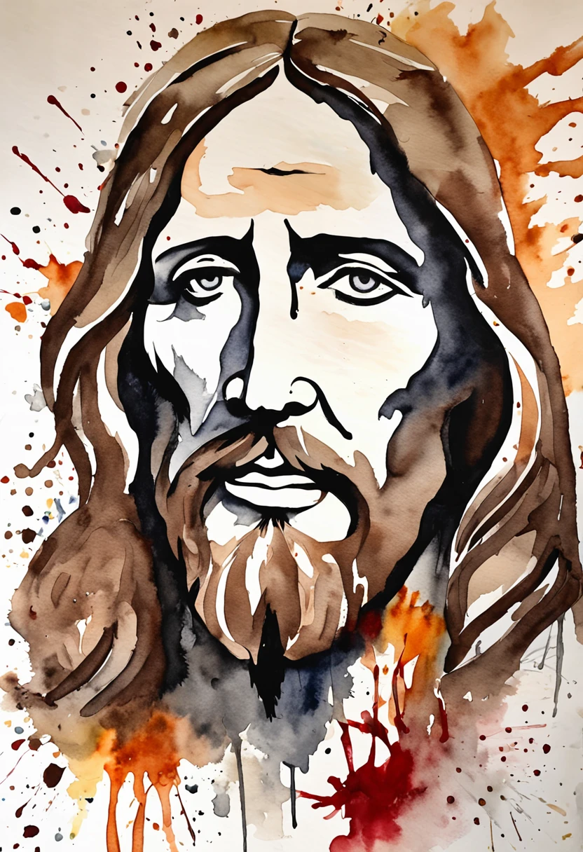 (respingo de tinta, pingos de tinta, splatter de tinta), tinta marrom, monocromatic, shades of brown and red, Aquarela, pinceladas largas, faca de paleta, non-portrait painting of Jesus Christ, Olhos detalhados, ((olhos pretos)), cabelos escuros, hands hidden, fundo branco, tela branca, criativo, arte da camiseta, arte vetorial.