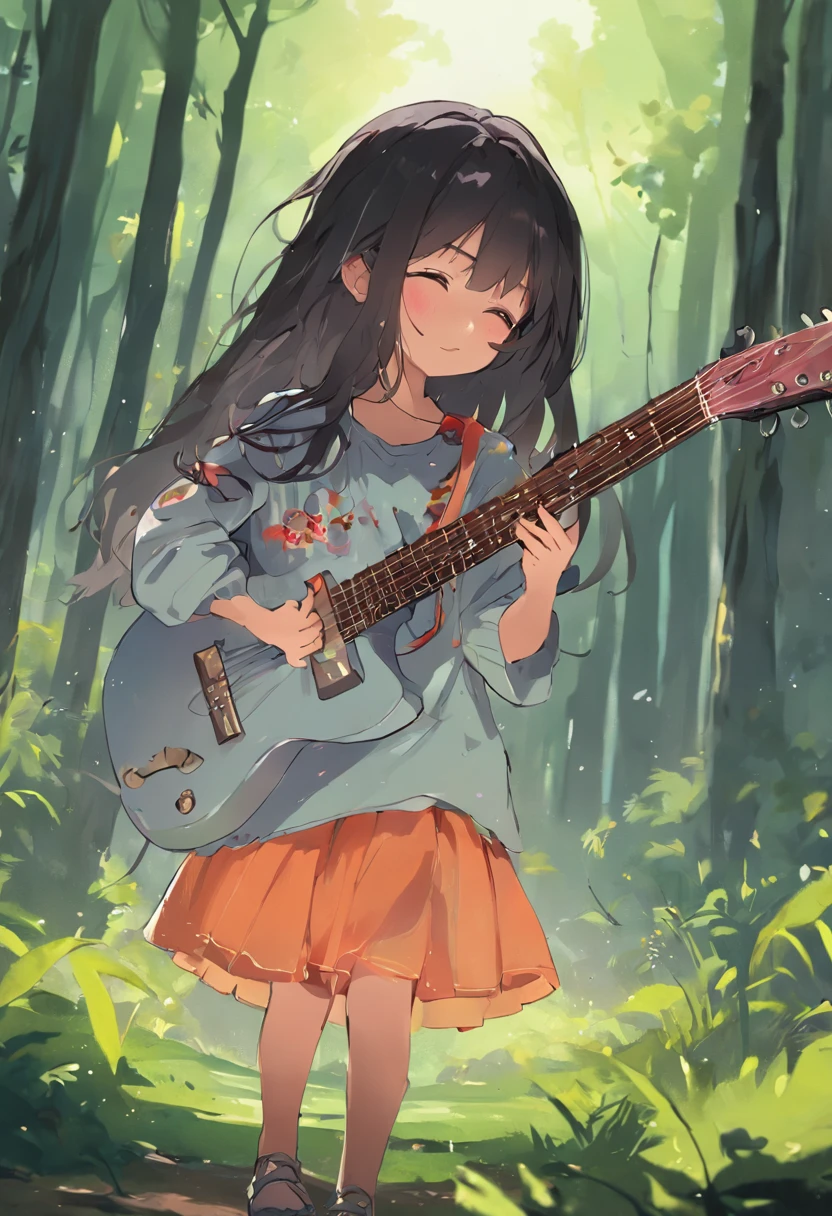 menina de 5 anos, cabelo longo, liso e preto, olhos brilhantes, utilizando roupas camponesa, Playing guitar in the forest, poses and facil axpressions, squeeze of joy, Pintura SNES