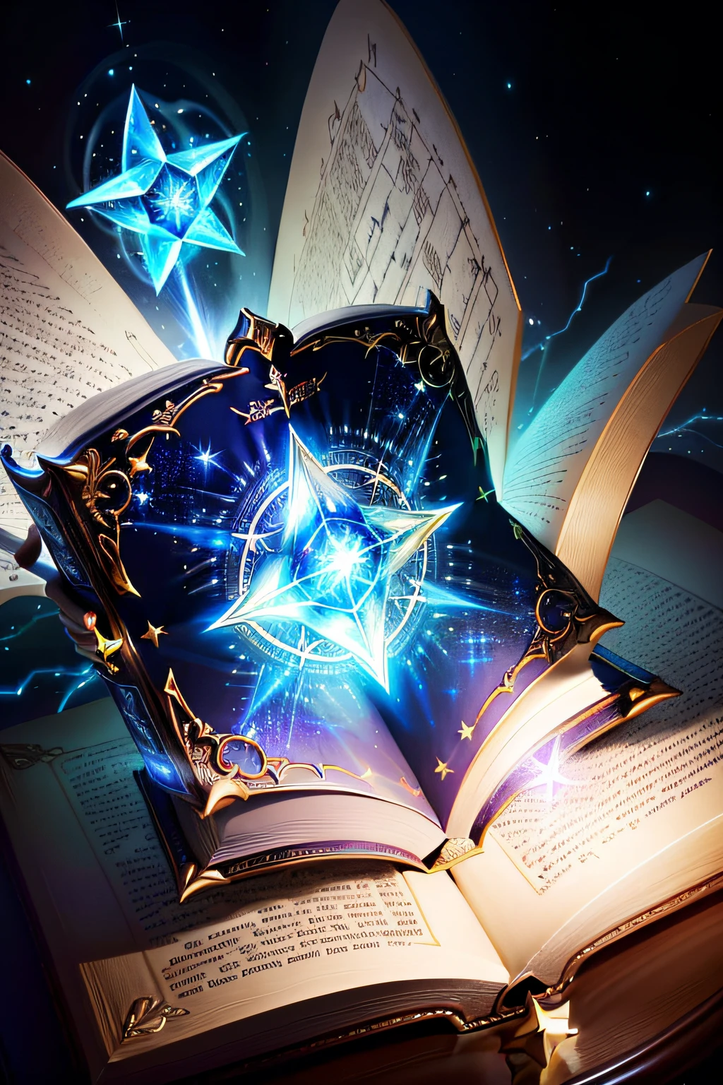 There is a book with the image of a star, open magic book glowing, magic book, fantasy book illustration, fantasy game spell symbol, spell book, floating spellbook, fantasy RPG book illustration, livro de fantasia, fantasy game spell, Flying magic runes, Magical Elven Geometry, Biblioteca Celestial Infinita, spell casting wizard, magias