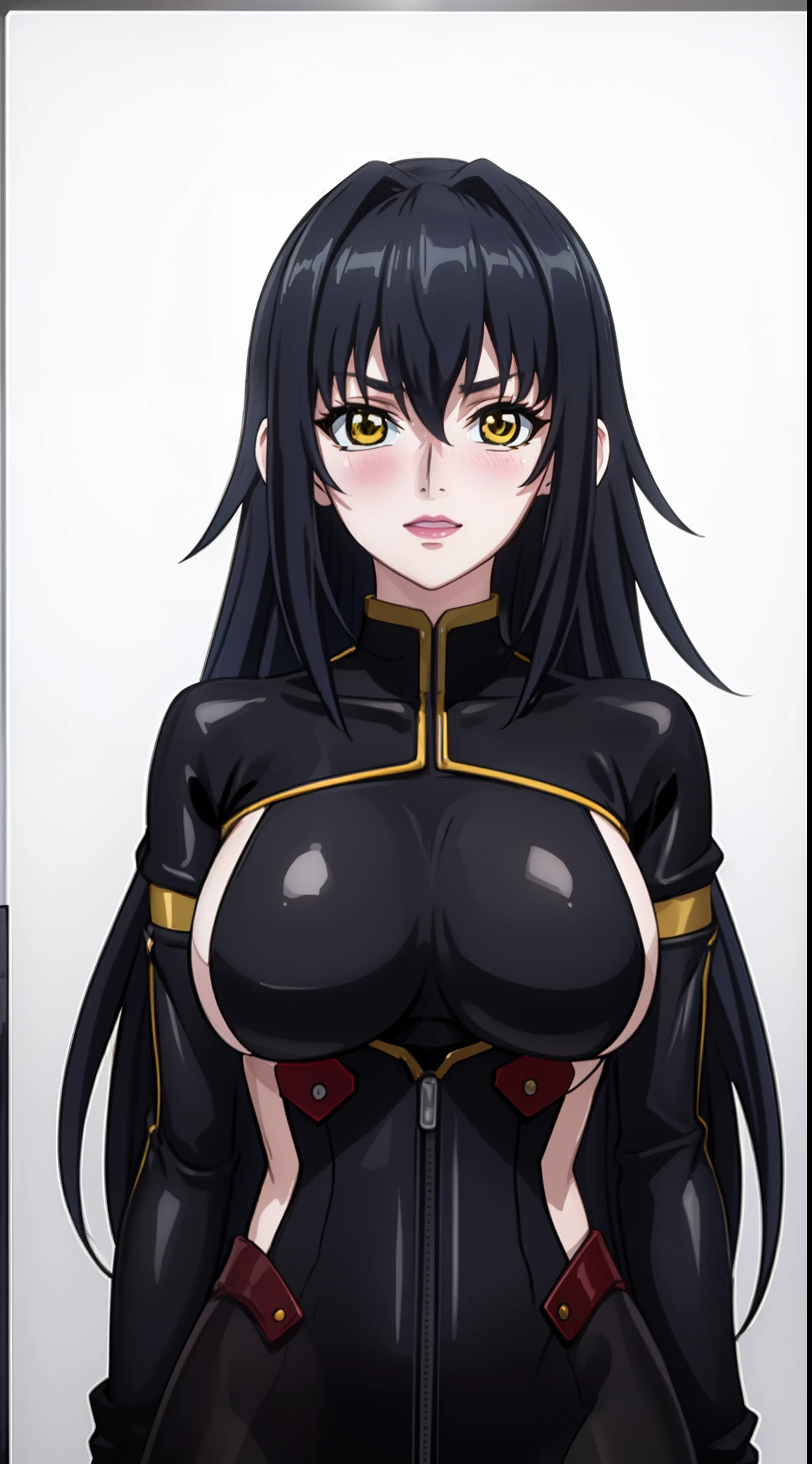 (plain white background), professional artwork, Intricate Details, field of view, sharp focus, detailed painting, photorealistic lighting, trending on pixiv, Standing at attention, ((black outfit ,yellow collared shirt,black and red bodysuit,skin_tight,black legwear, black pantyhose, Side_boob)), black hair,very long hair, Bangs,yellow eyes,makeup, lipstick, 20yo,mature female,Beautiful Finger,Beautiful long legs,Beautiful body,Beautiful Nose,Beautiful character design, perfect eyes detail, perfect face, looking at viewer,official art,extremely detailed CG unity 8k wallpaper, perfect lighting,Colorful, Bright_Front_face_Lighting, (masterpiece:1.0),(best_quality:1.0), ultra high res,ultra-detailed, hyperdetailed, photography, 8K, HDR, highres, absurdres:1.2, Kodak portra 400, film grain, blurry background, bokeh:1.2, lens flare, (vibrant_color:1.2) (Beautiful,large_Breasts:1.4), (beautiful_face:1.5),(narrow_waist), (solo:1.4), ((upper body, half body shot:1.4)), annerose:1, (blushing, shy, pretty, tsundere:1), looking at viewer,