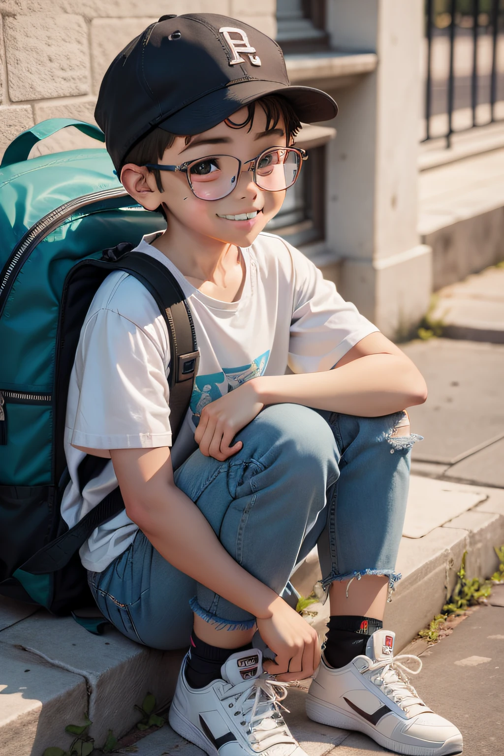menino de 12 anos, Estilo Disney, With eye Glasses, Smaller backpack and cap. camiseta branca, Bermuda jeans, blusa amarrada na cintura, ttenis branco com detalhes em amarelo e cinza. shy smile appearing a little bit from the tooth.